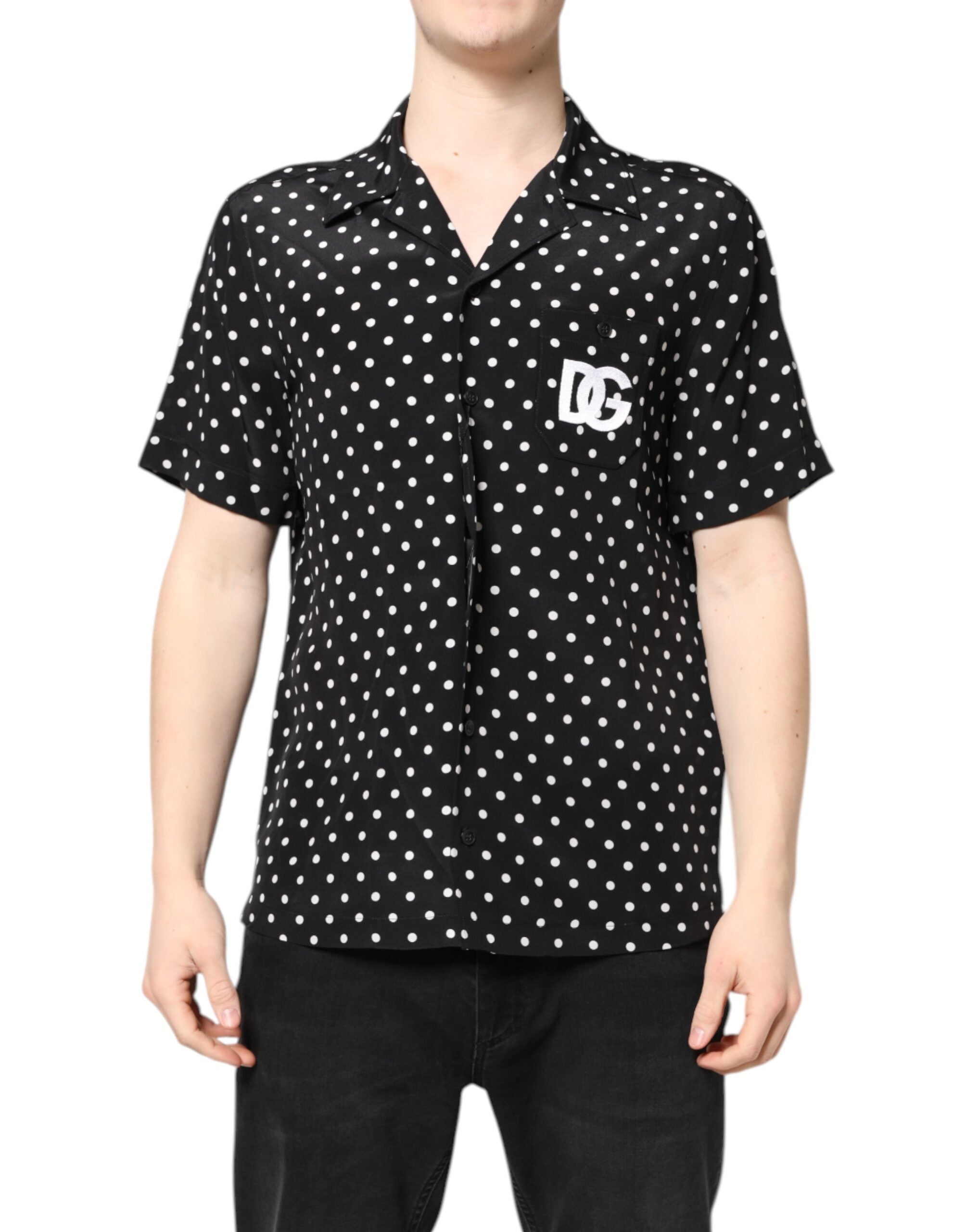 Black Polka Dot Short Sleeves Casual Shirt - ventzia