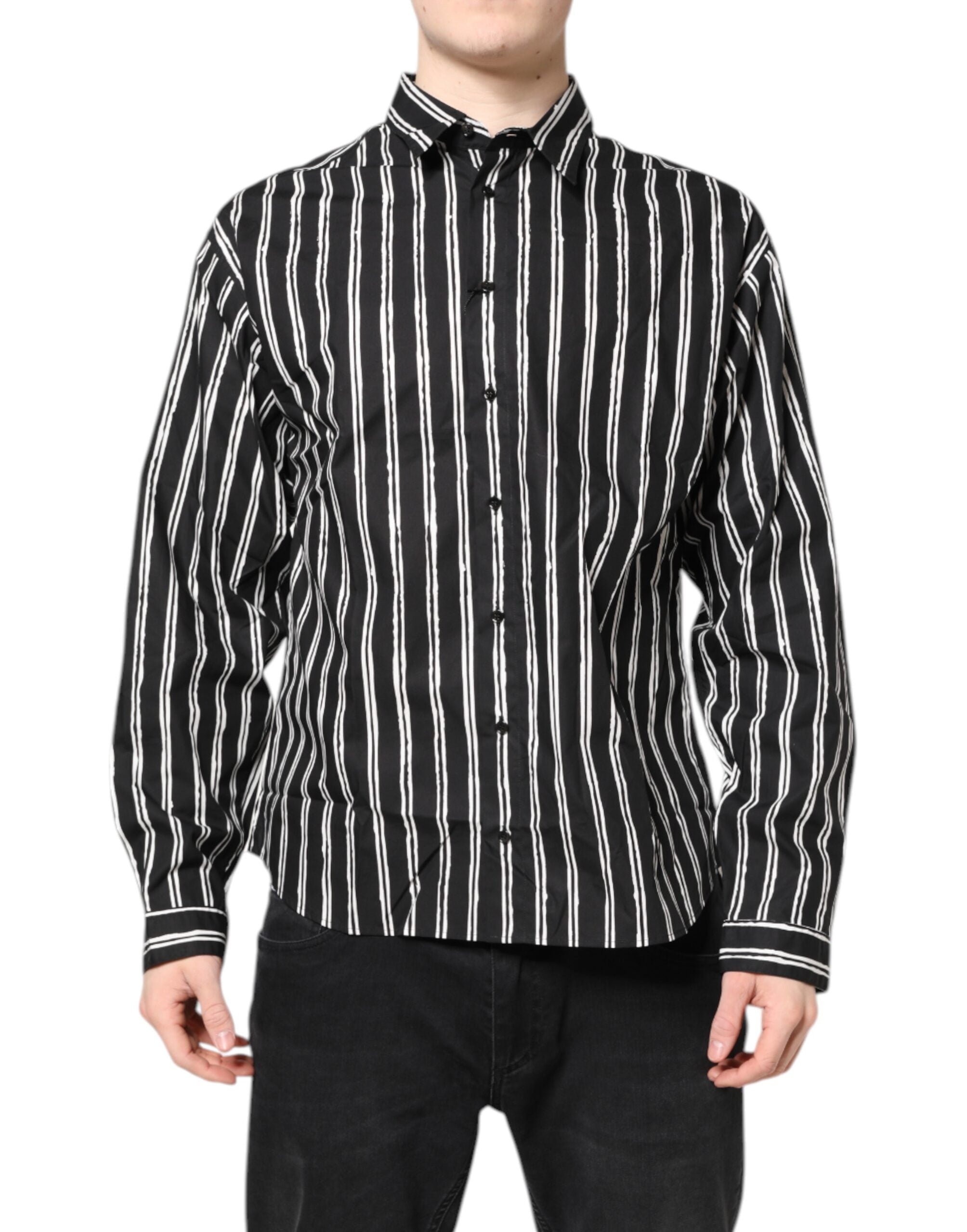 Black White Striped Cotton Dress Shirt - ventzia