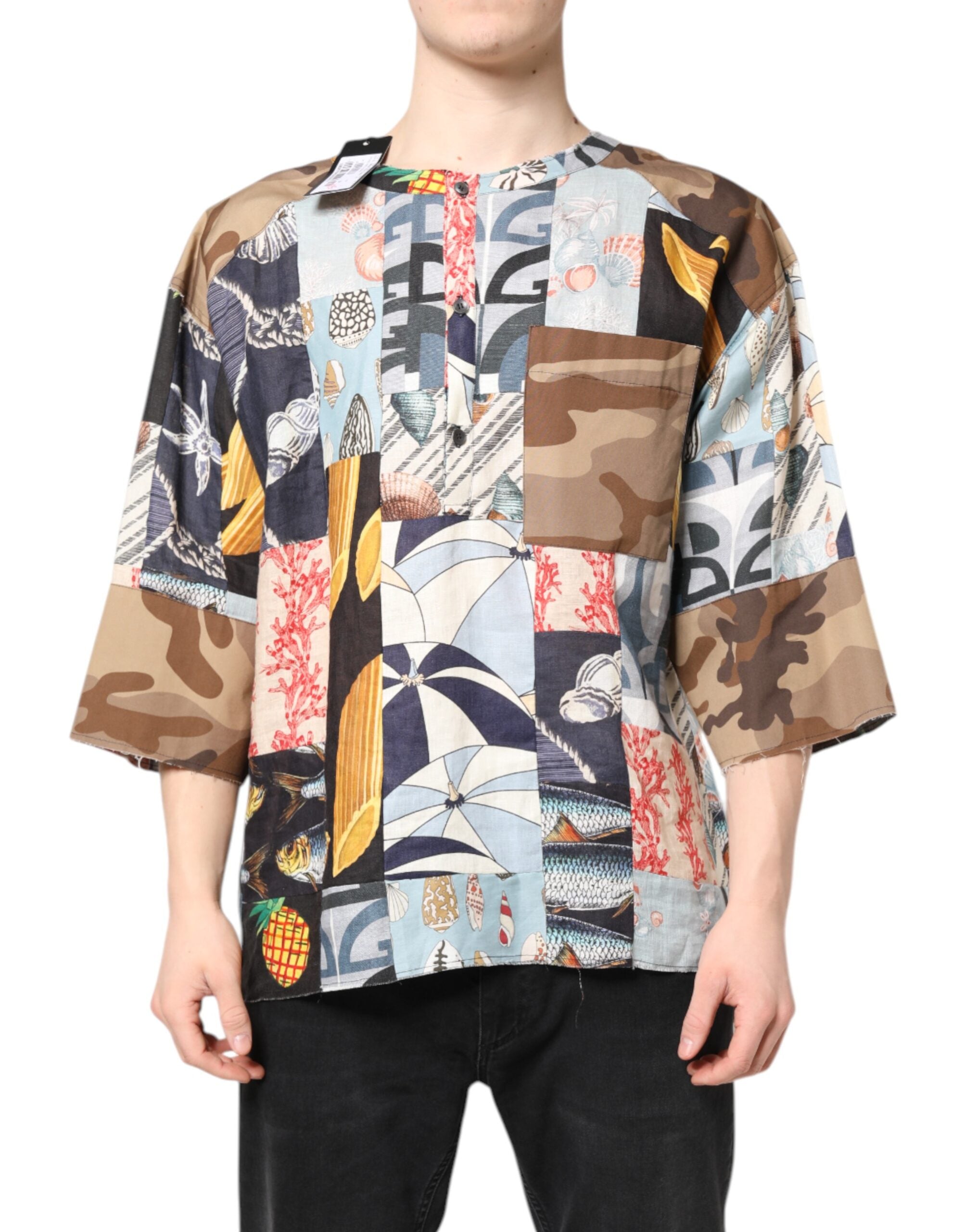 Multicolor Patchwork Short Sleeves Shirt - ventzia