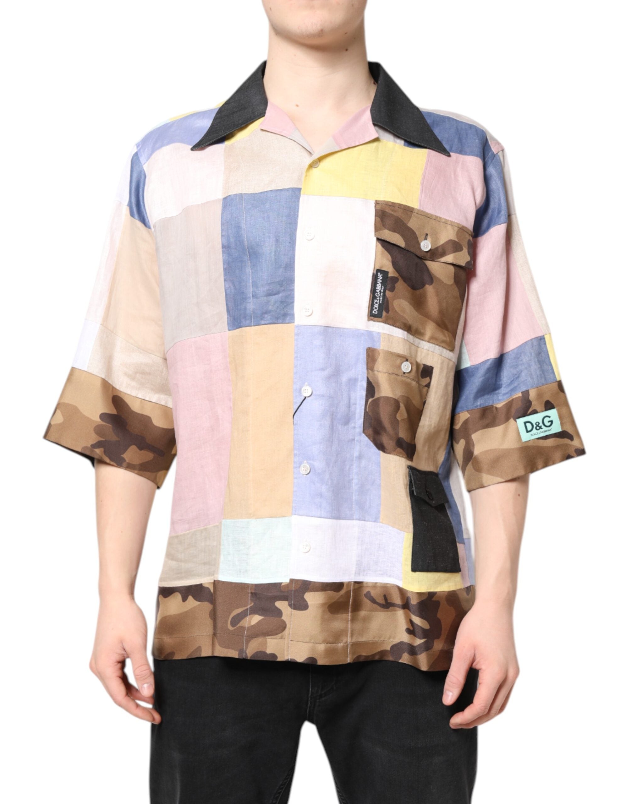 Multicolor Patchwork Short Sleeve Shirt - ventzia