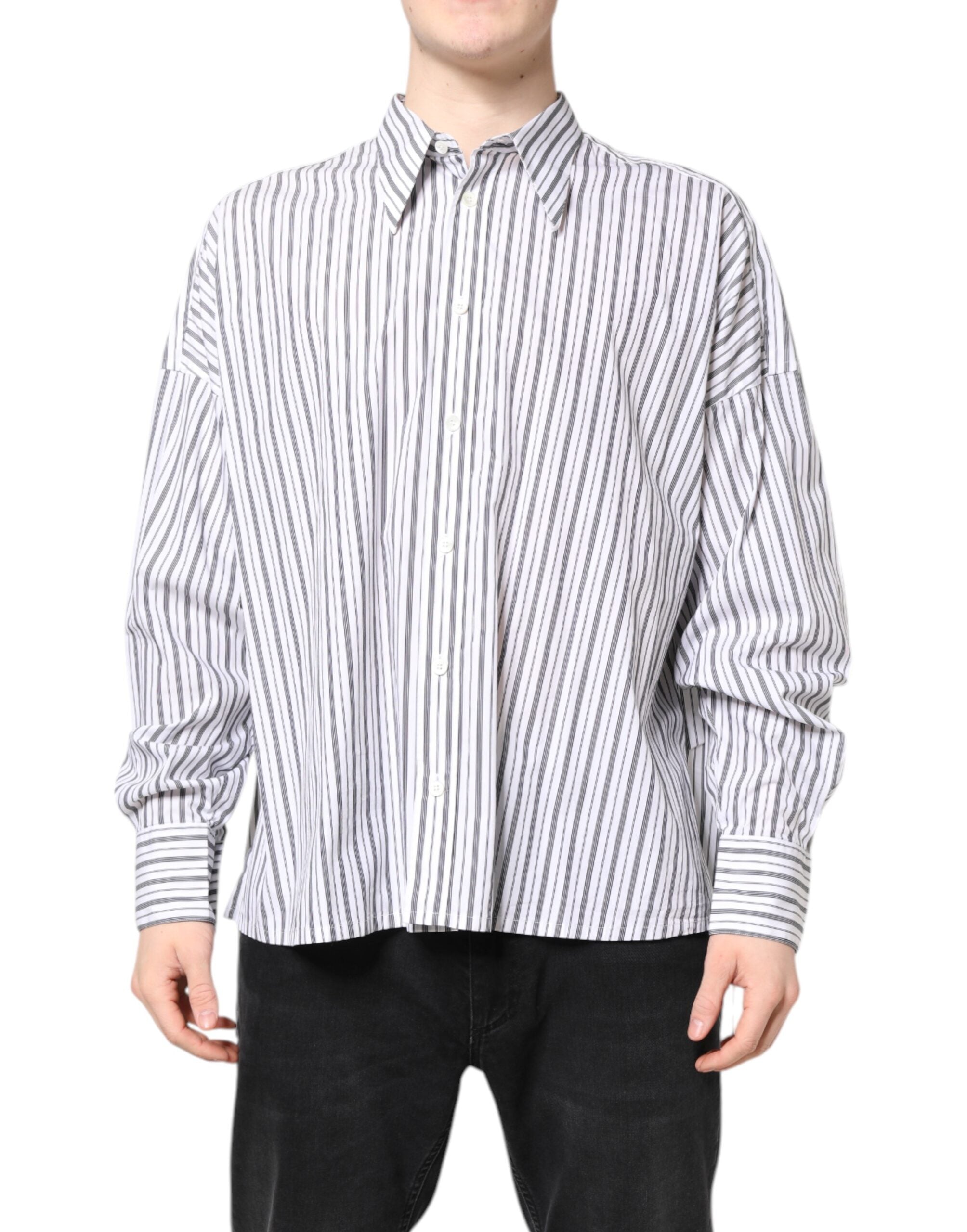 White Black Stripe Button Down Casual Shirt - ventzia