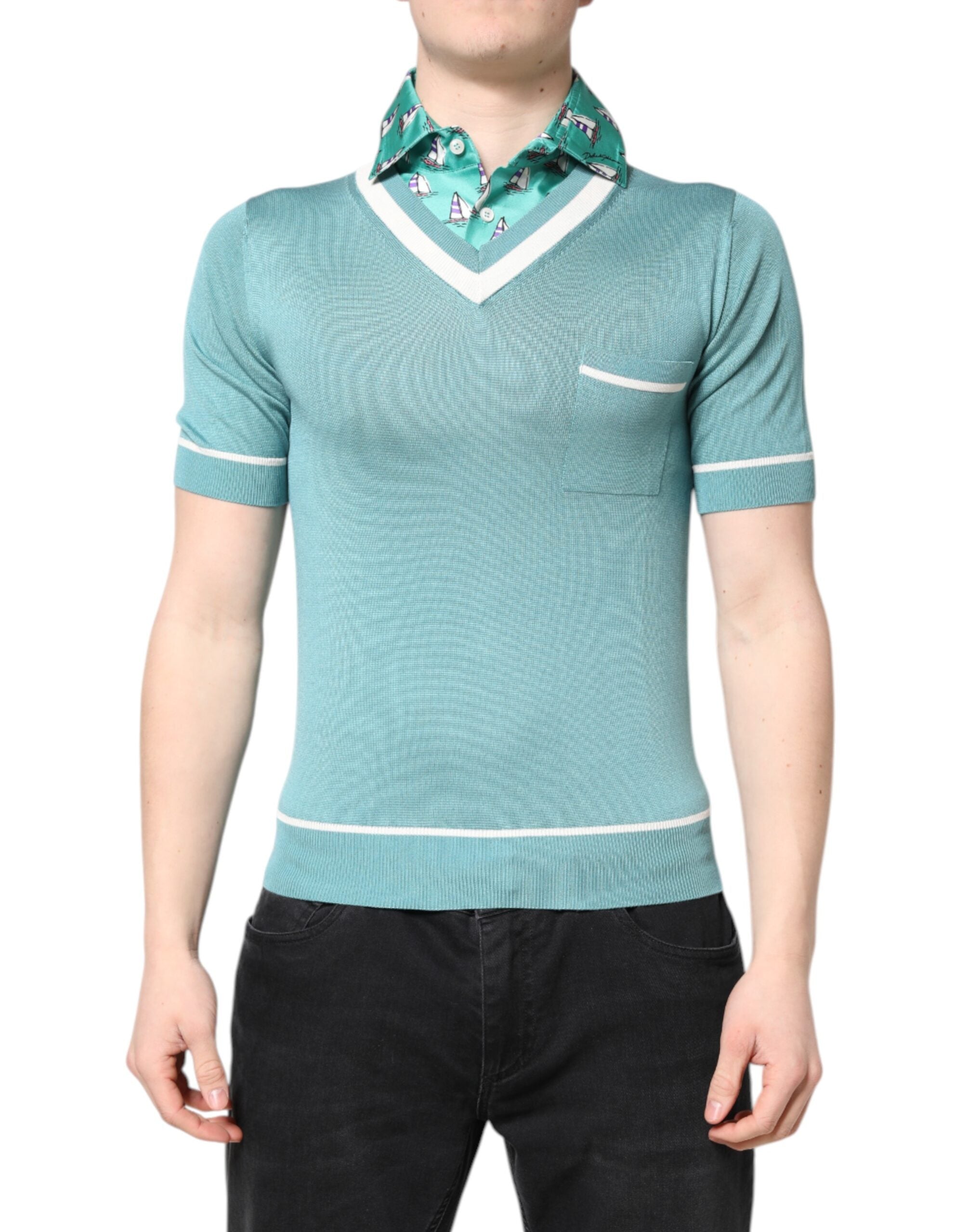 Green Printed Collared Short Sleeve T-shirt - ventzia