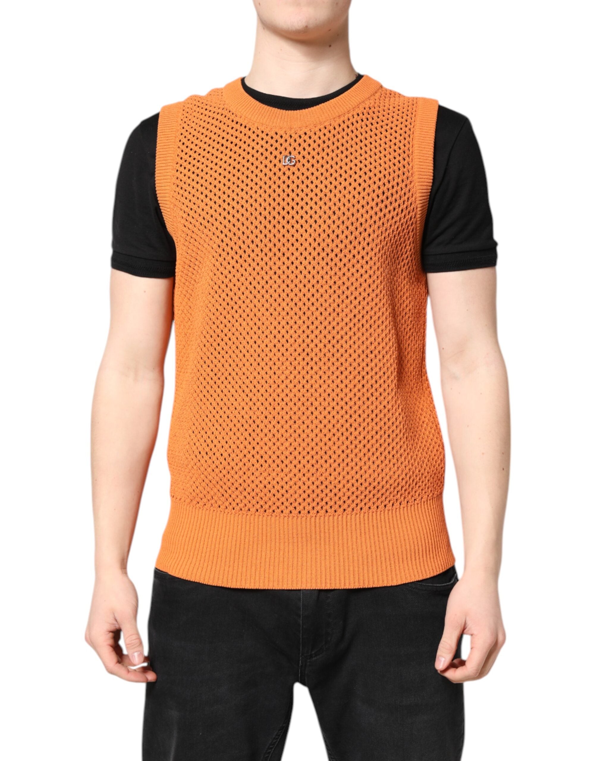 Orange Cashmere Round Neck Sleeveless T-shirt - ventzia