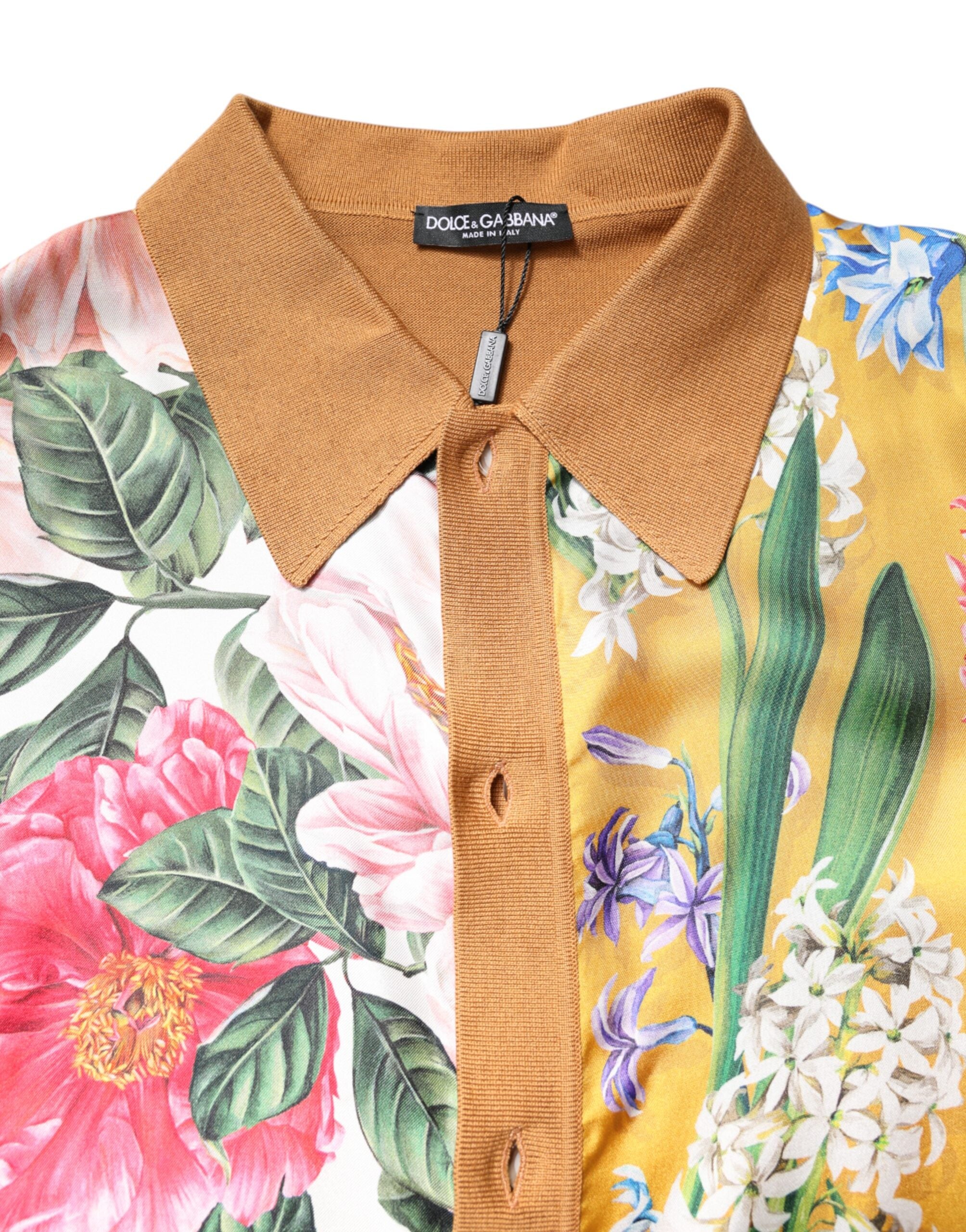 Brown Floral Collared Short Sleeve T-shirt - ventzia