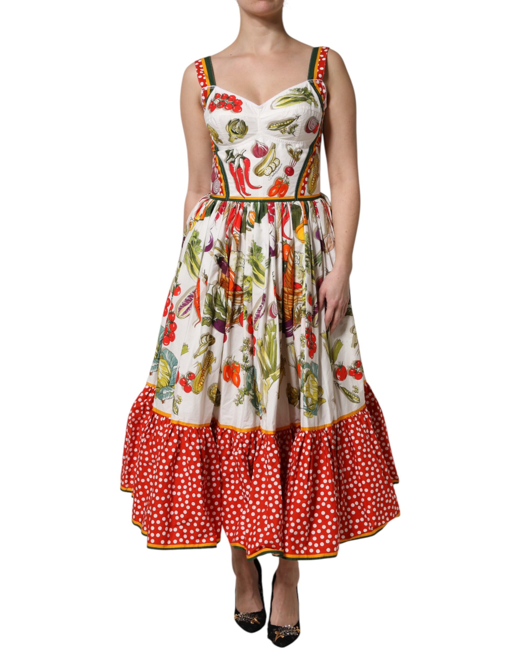 White Vegetables Sleeveless A-line Midi Dress - ventzia