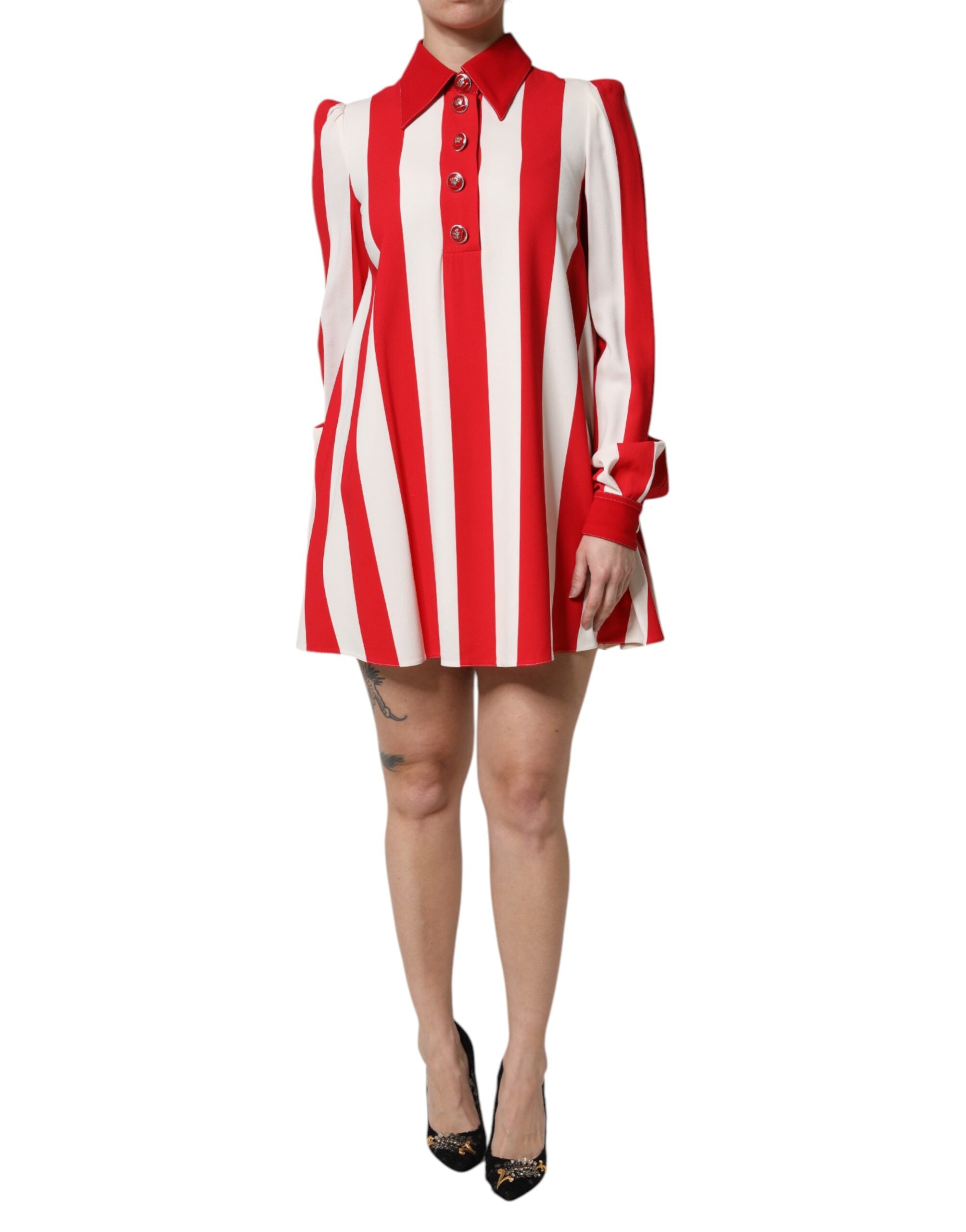 White Red Stripes Long Sleeves Mini Dress - ventzia