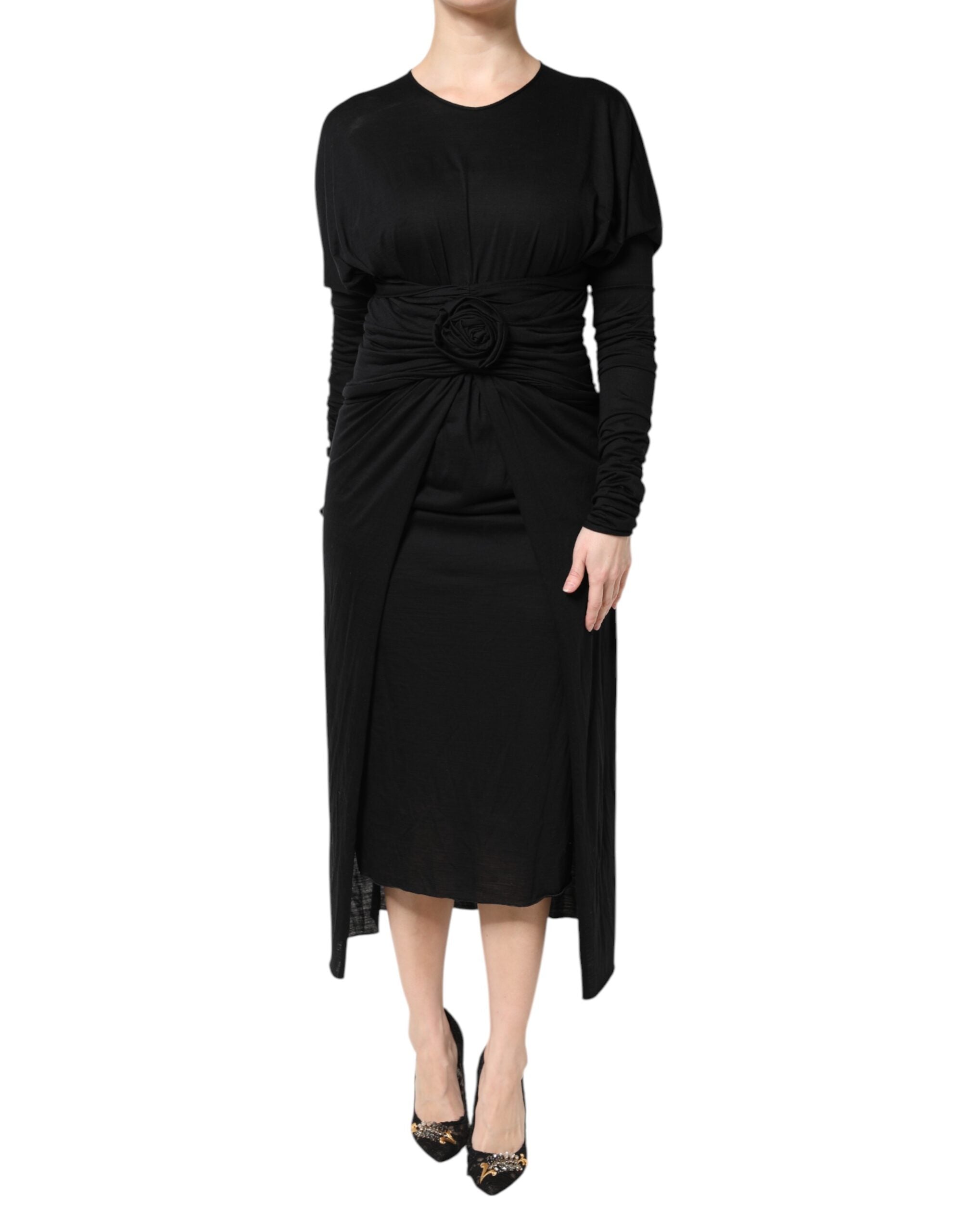 Black Wool Long Sleeves Sheath Midi Dress - ventzia