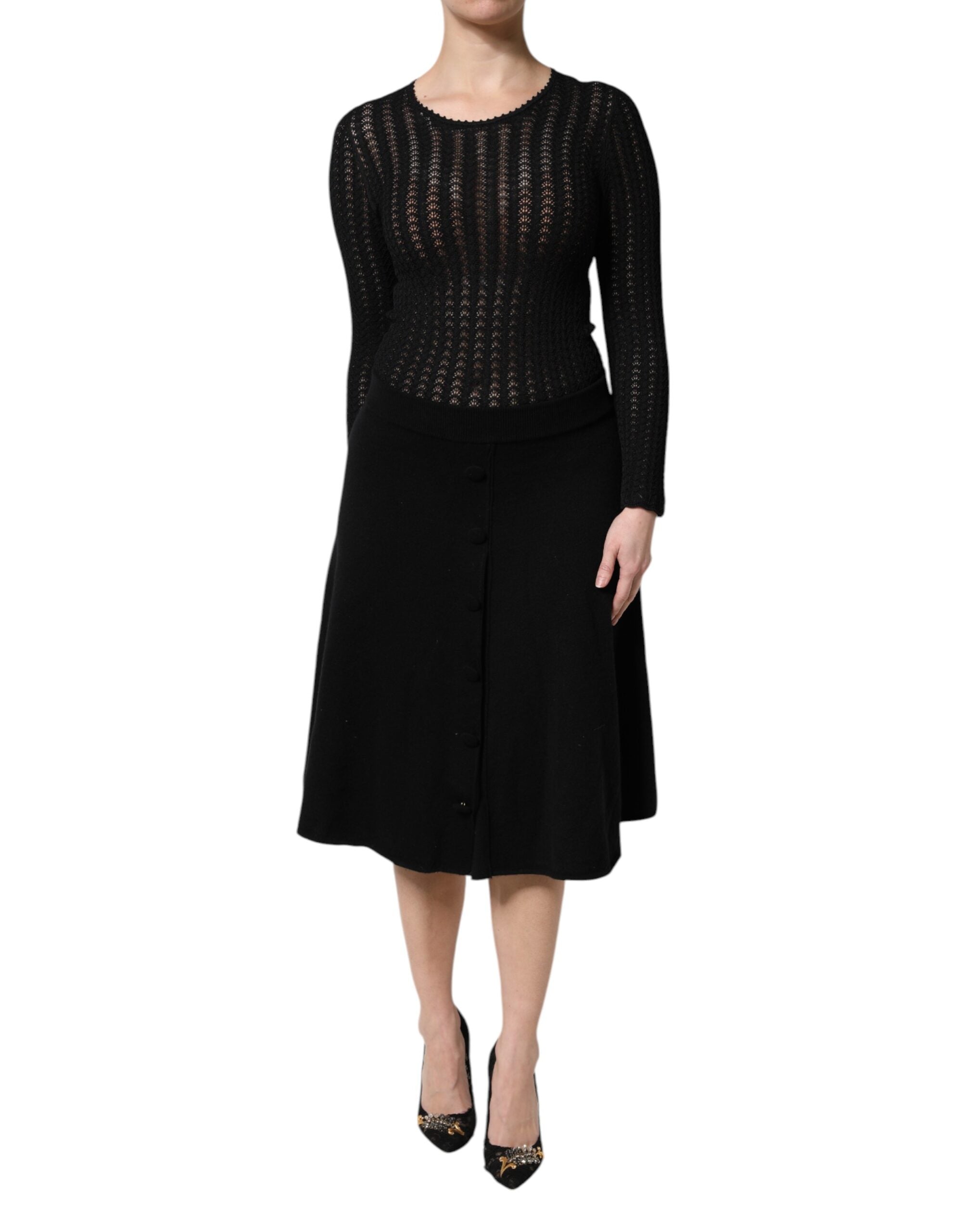 Black Cashmere Long Sleeves A-line Midi Dress - ventzia
