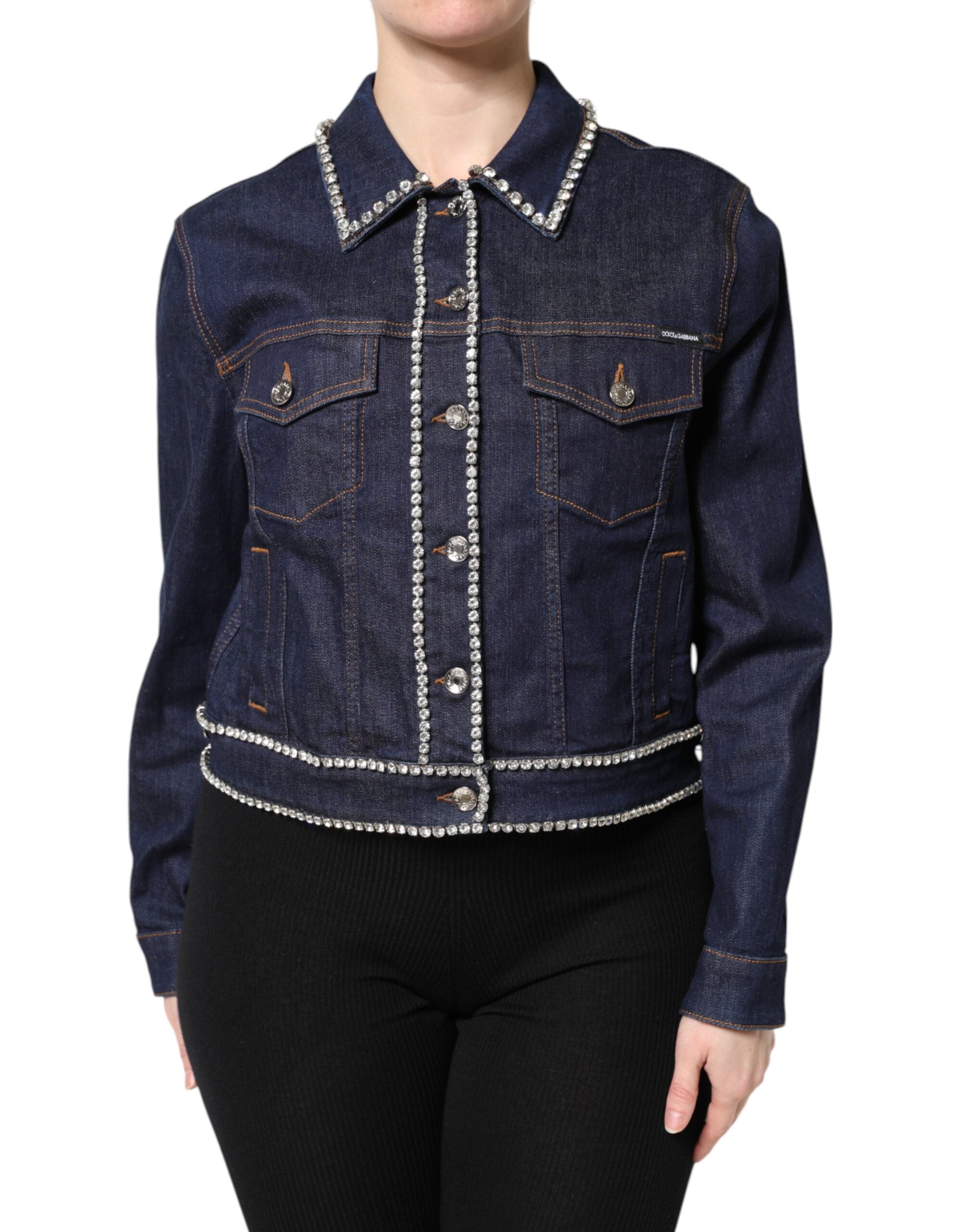 Blue Denim Cotton Crystal Embellished Jacket - ventzia