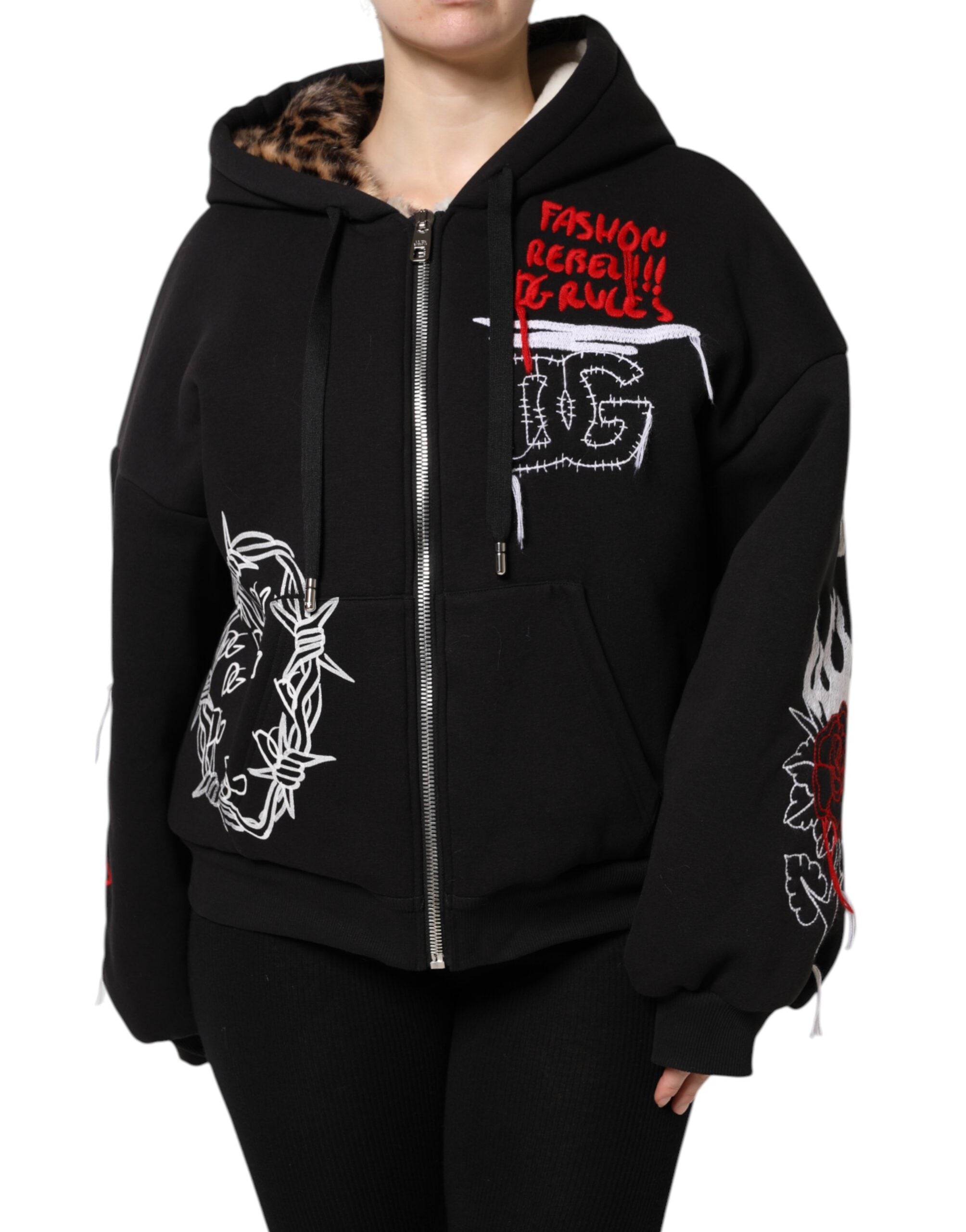 Black Embroidered Full Zip Hooded Jacket - ventzia
