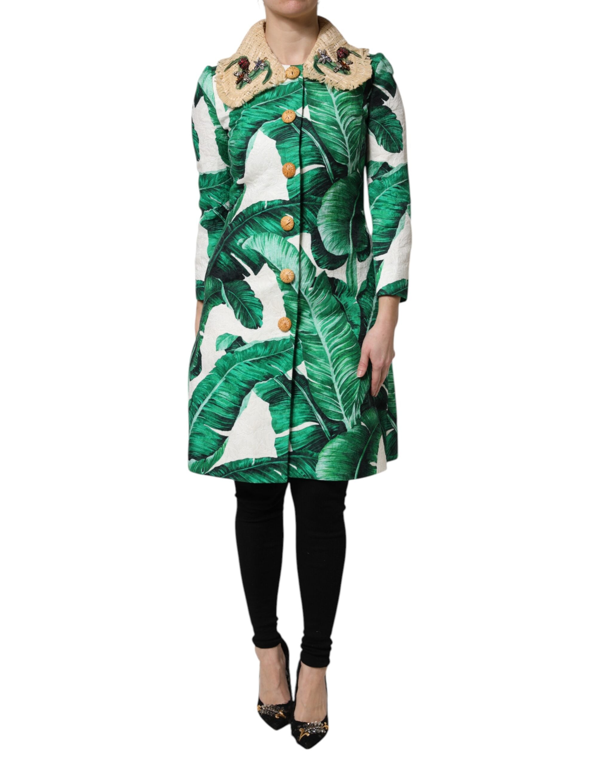 Multicolor Leaf Print Embellished Trenchcoat Jacket - ventzia
