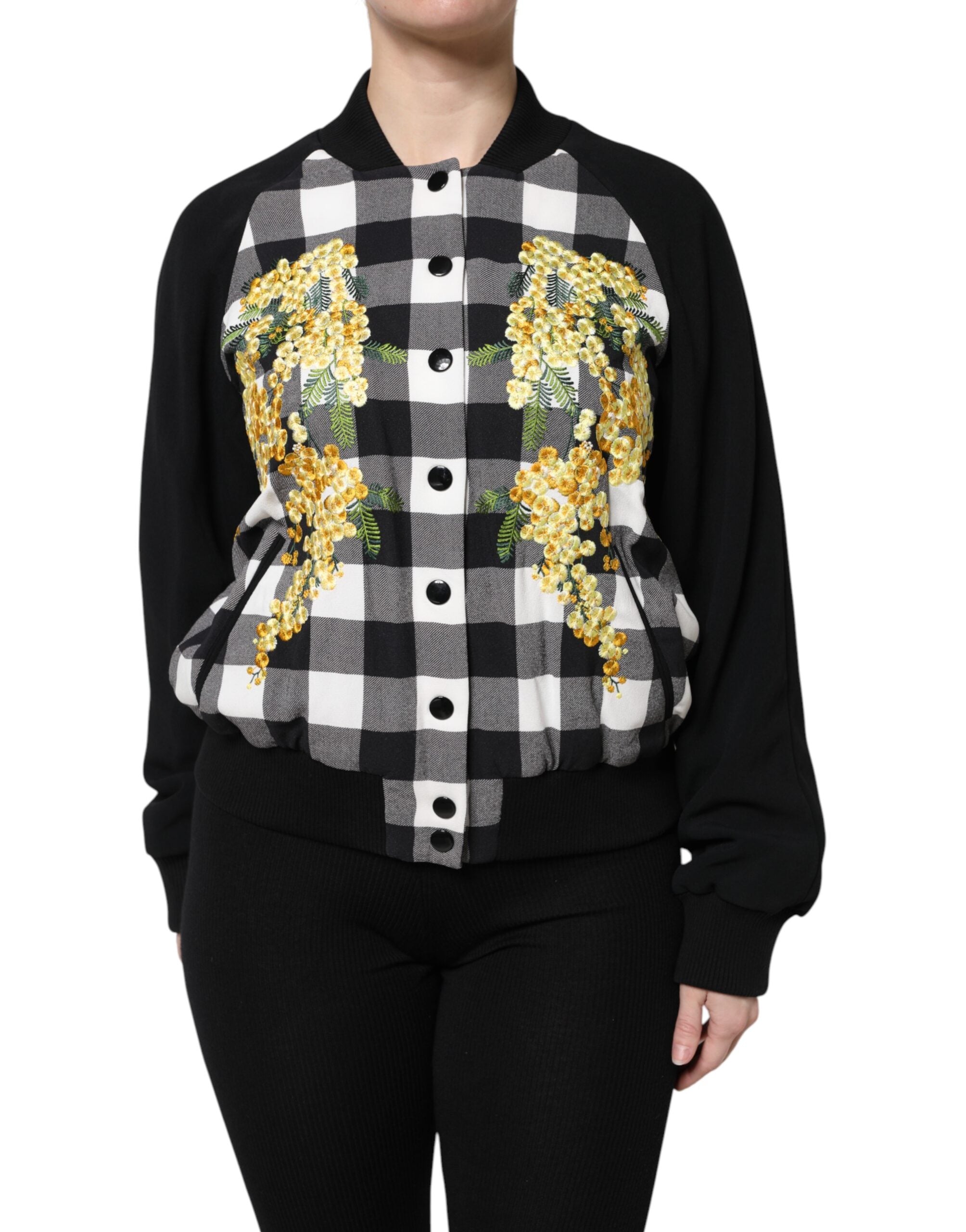 Black White Check Floral Button Down Jacket - ventzia