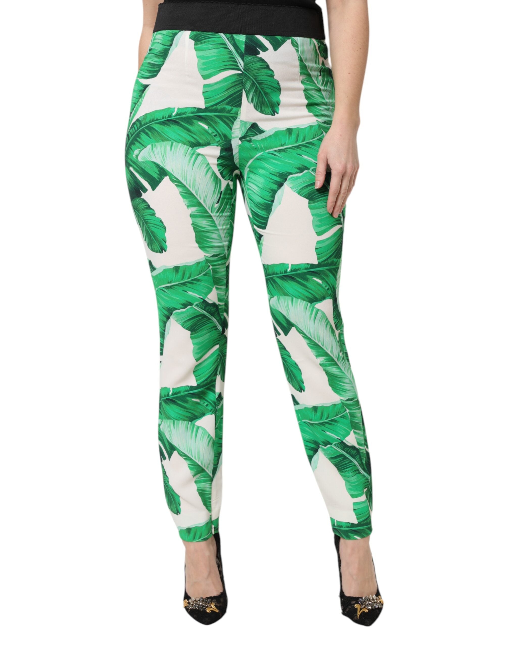 White Green Leaf High Waist Pants - ventzia