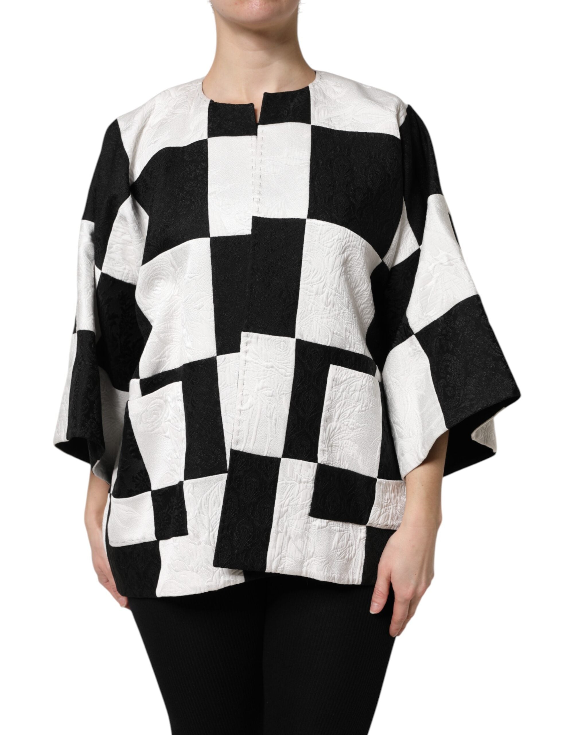 White Black Patchwork Jacquard Blazer Jacket - ventzia