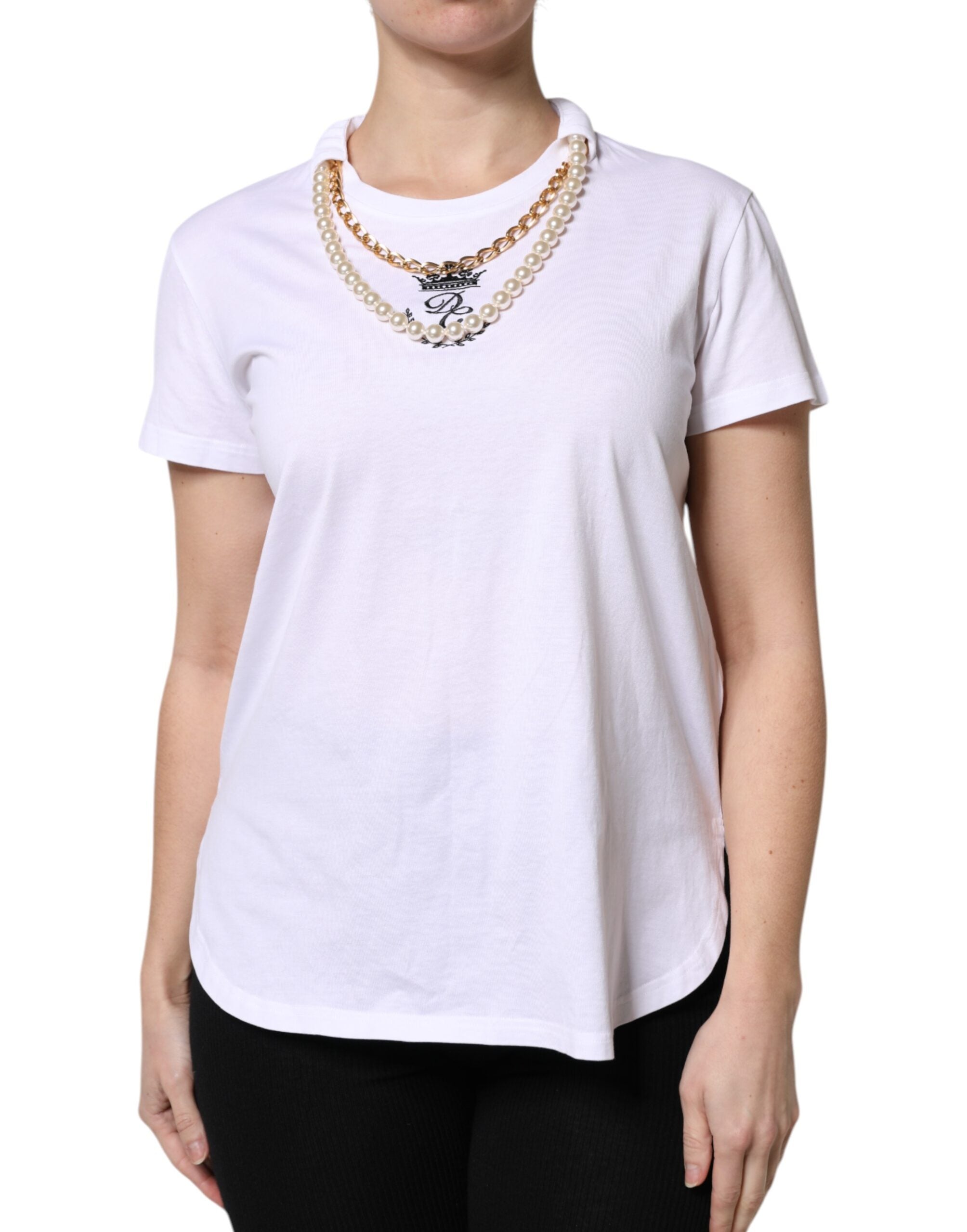 White Chain Pearl Cotton Round Neck T-shirt - ventzia
