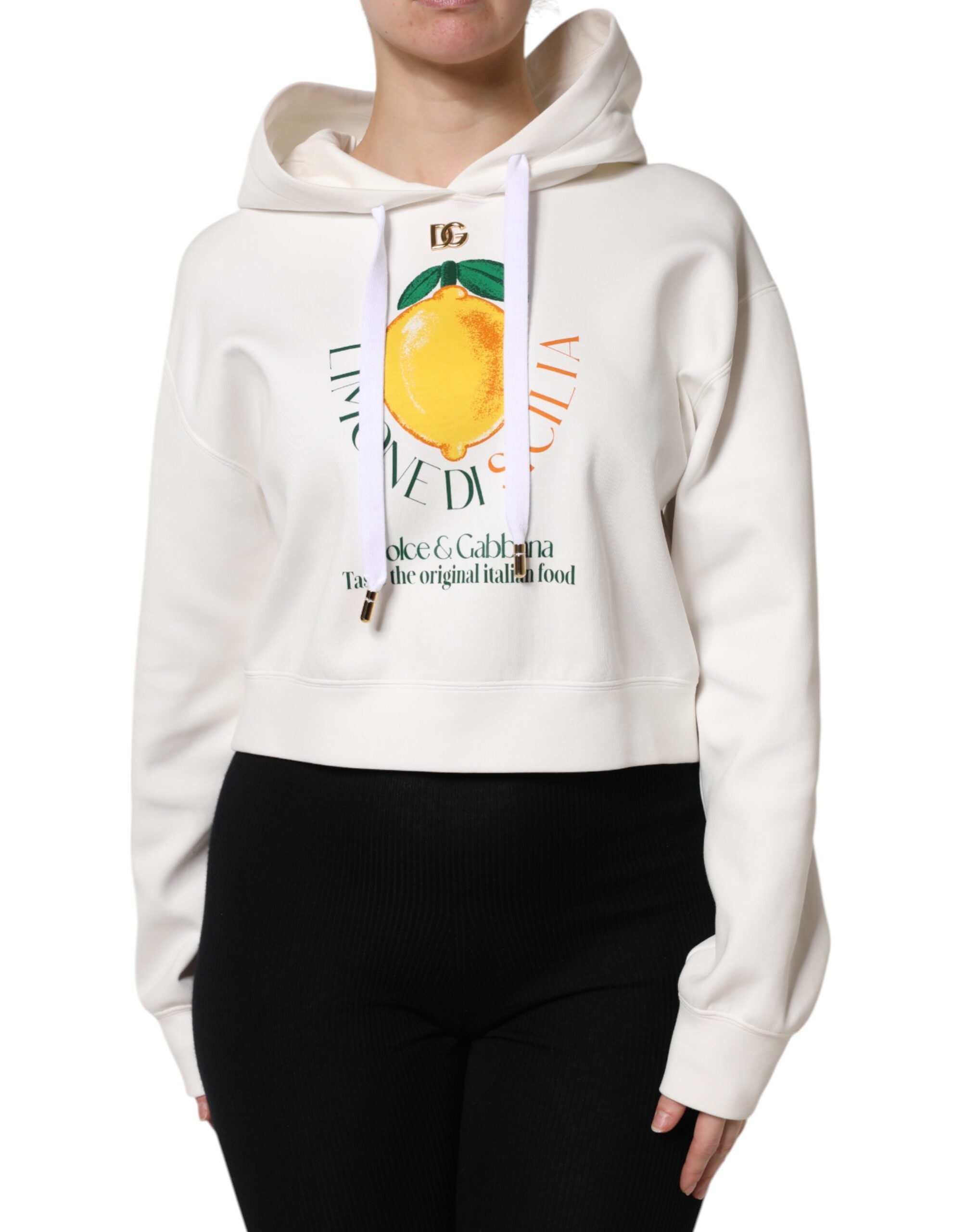 Ivory Cotton Printed Hooded Pullover Sweater - ventzia