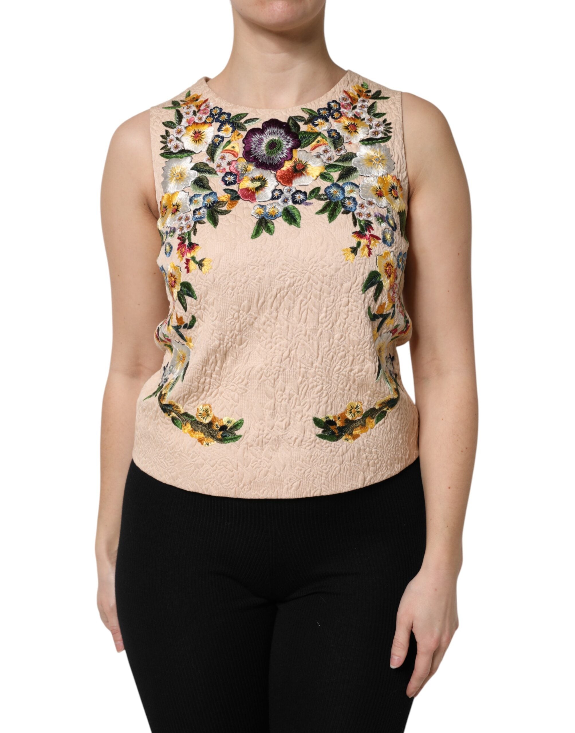 Beige Floral Embroidery Sleeveless Tank Top - ventzia