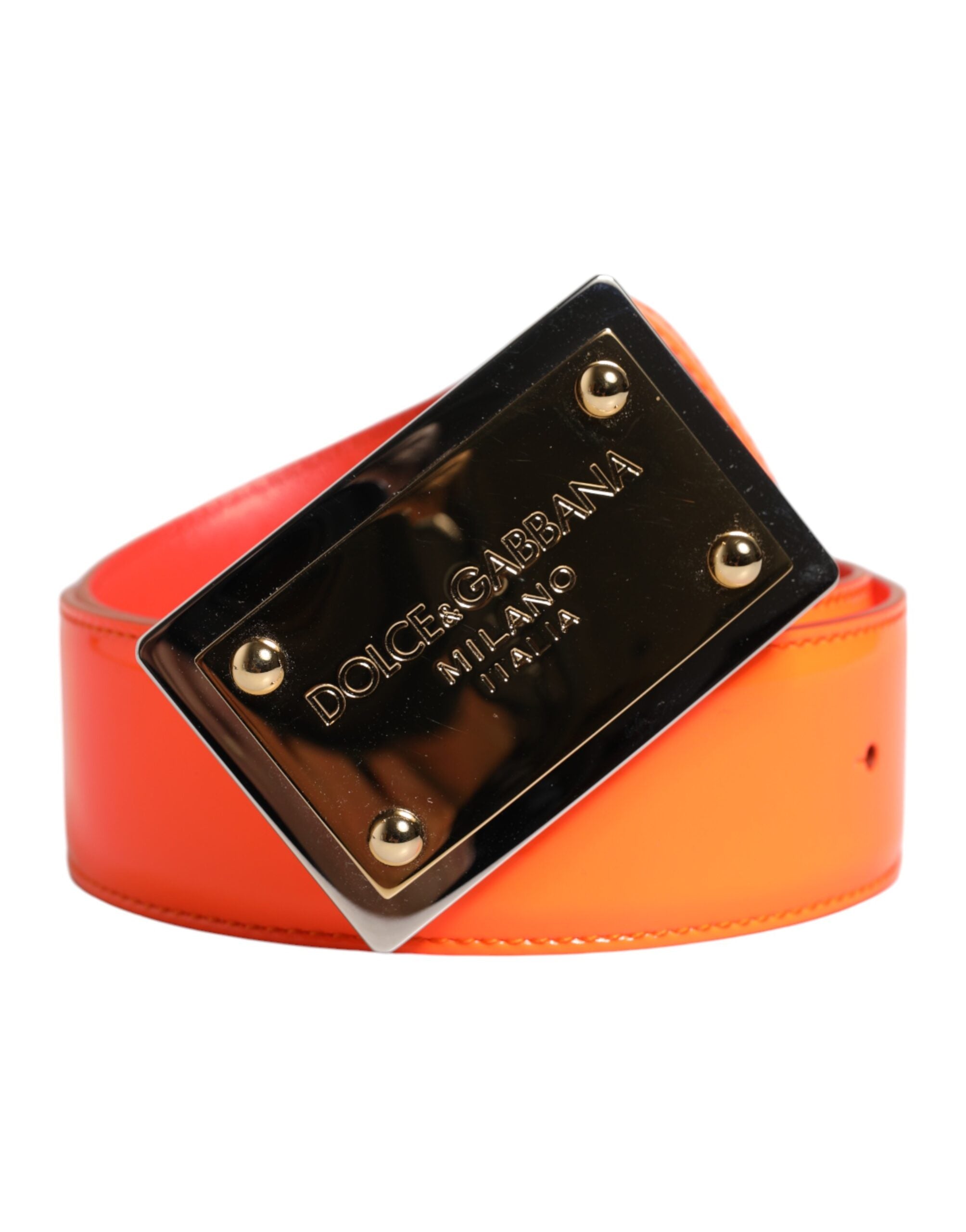 Orange Gold Tone Metal Logo Buckle Belt - ventzia