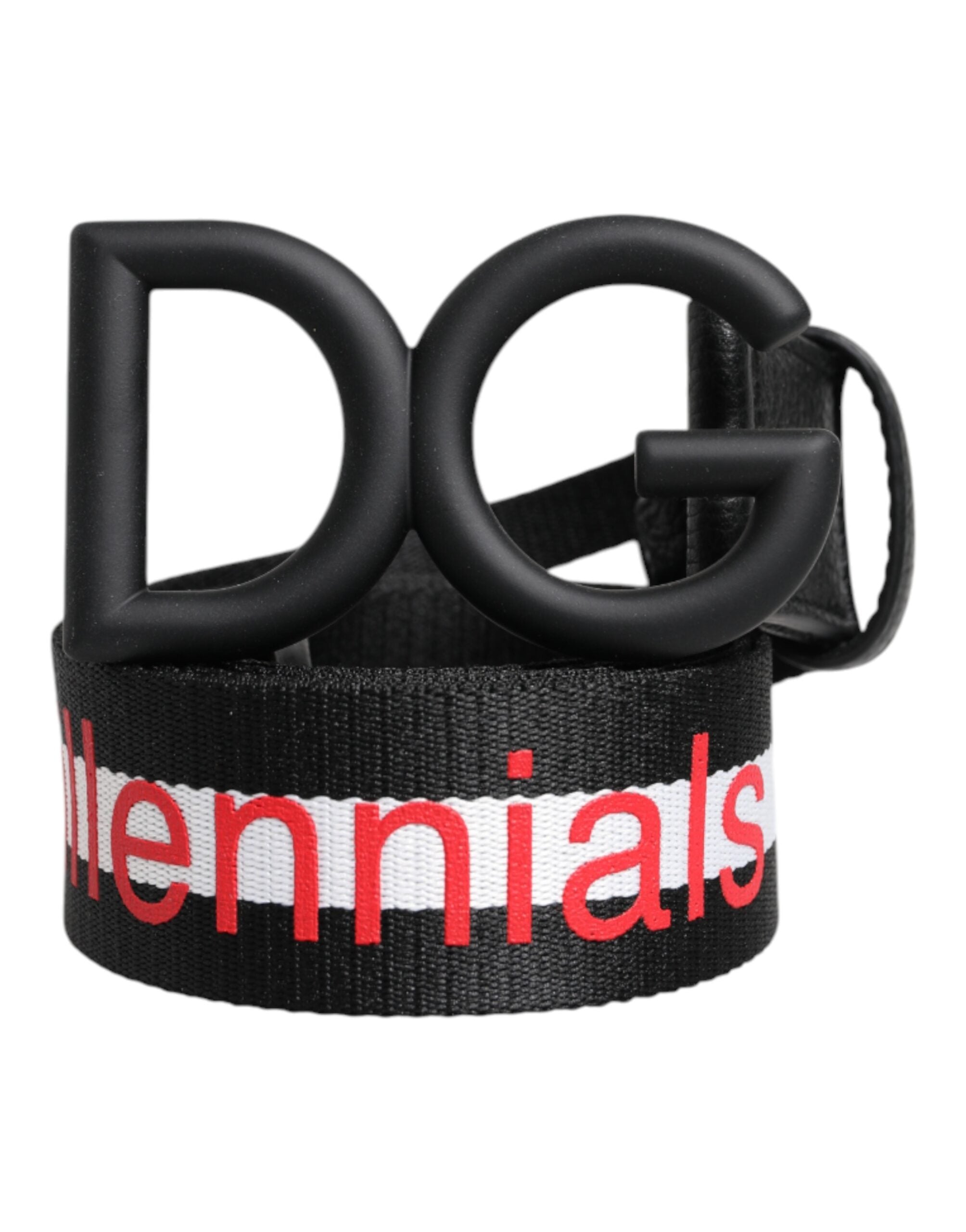 Black Polyester Logo Print DG Buckle Belt - ventzia