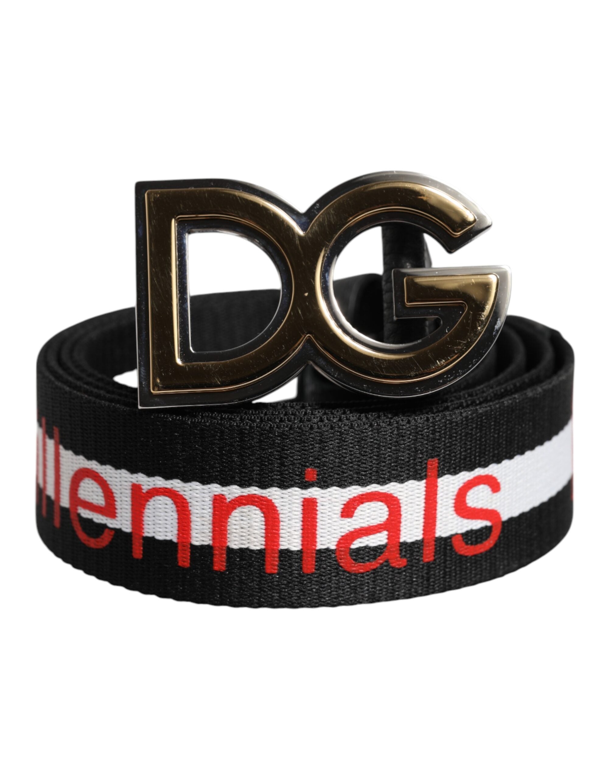 Black Cotton Logo Print DG Buckle Belt - ventzia