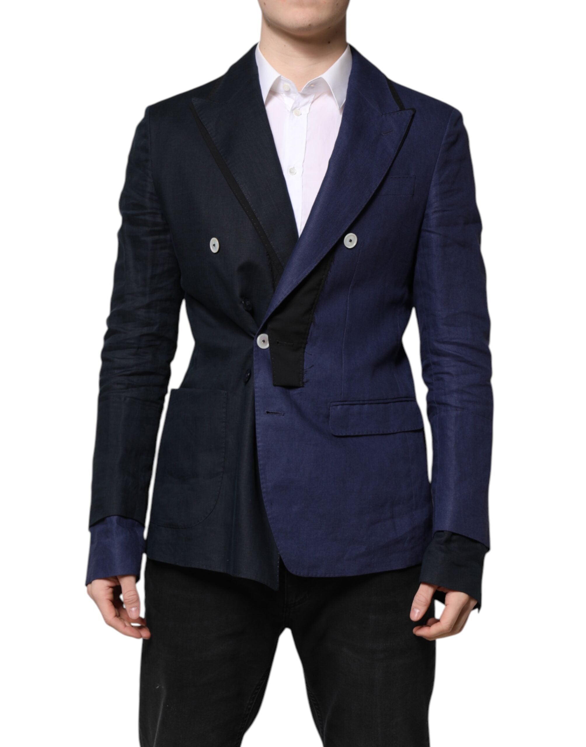 Navy Blue Double Breasted Suit Coat Blazer - ventzia