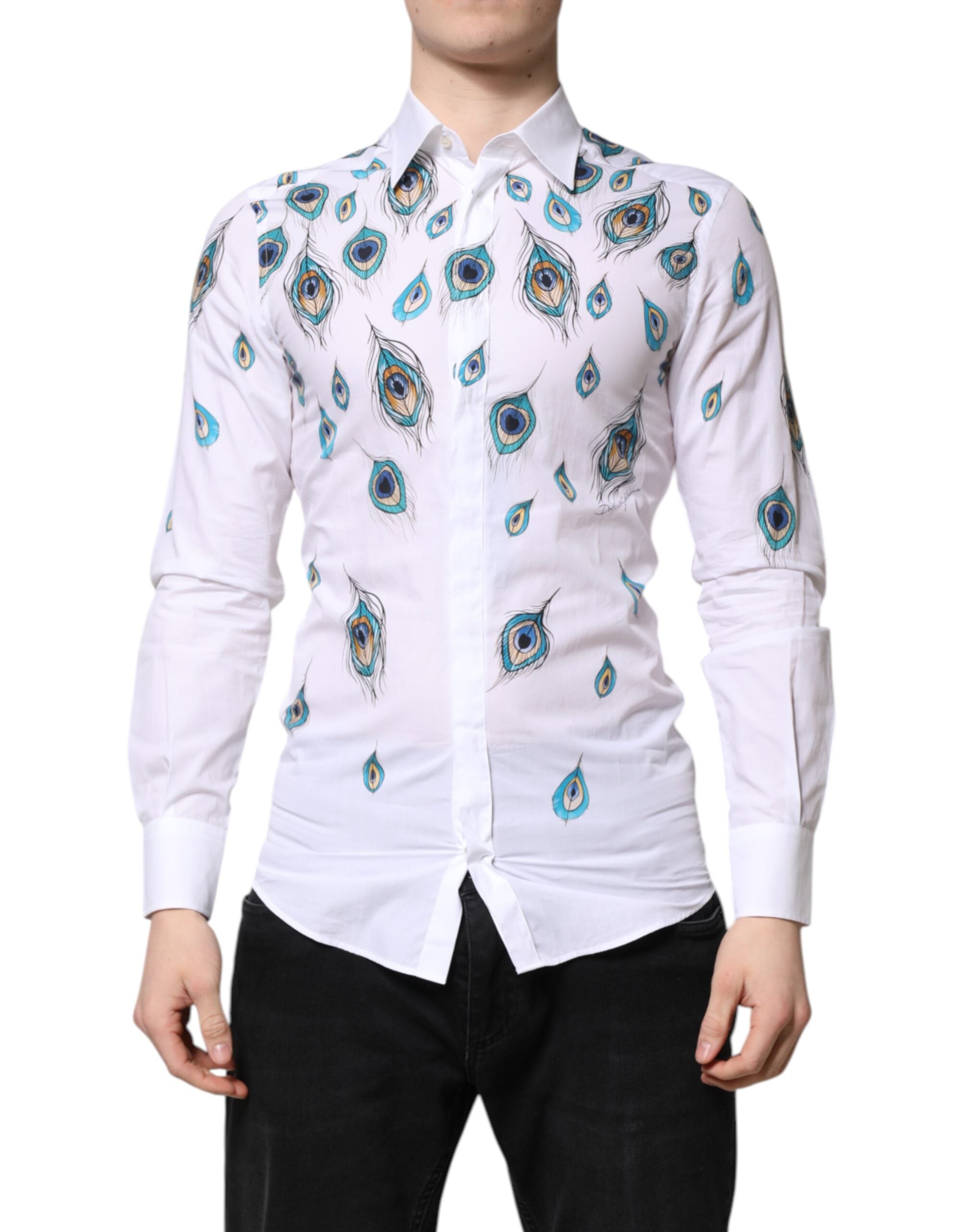White Cotton Feather Print GOLD Dress Shirt - ventzia