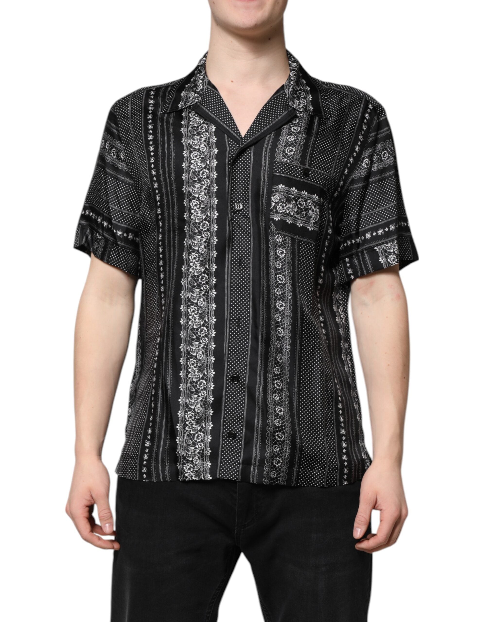 Black Silk Floral Print Short Sleeves Shirt - ventzia