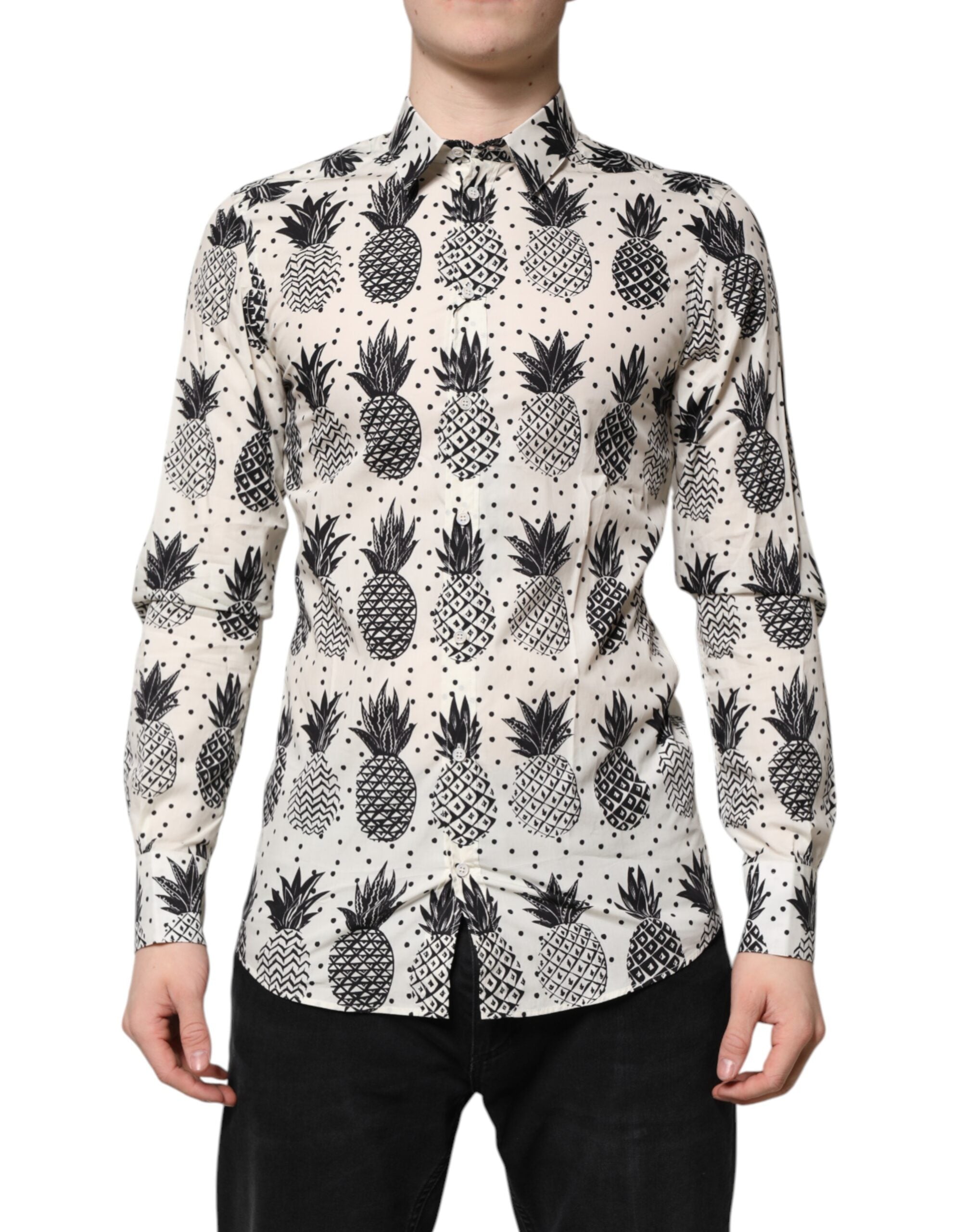 White Pineapple Print Long Sleeve GOLD Shirt - ventzia