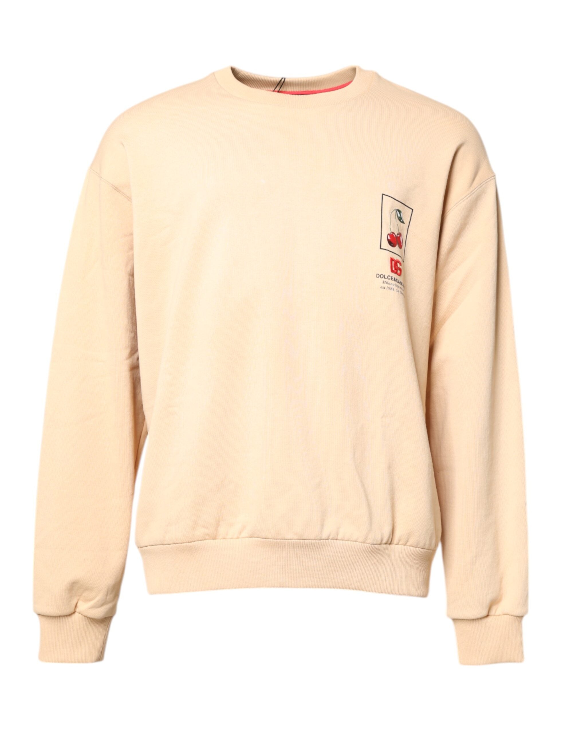 Beige Cherry Print Crew Neck Pullover Sweater - ventzia