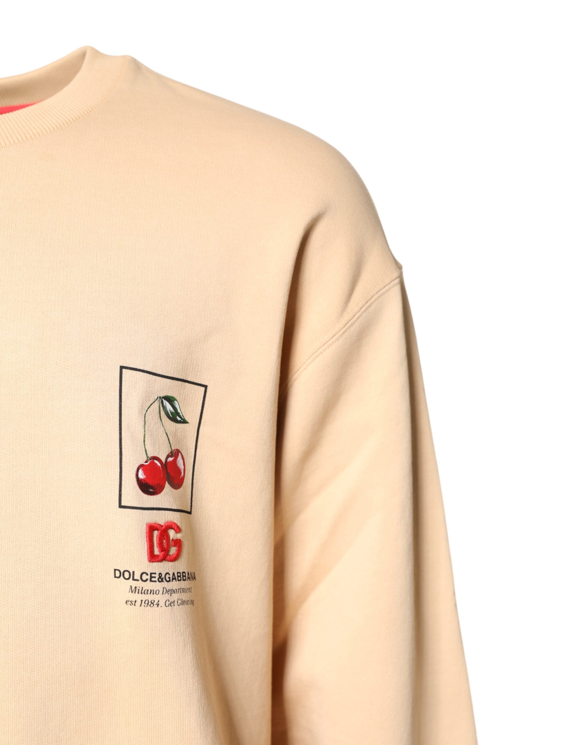 Beige Cherry Print Crew Neck Pullover Sweater - ventzia