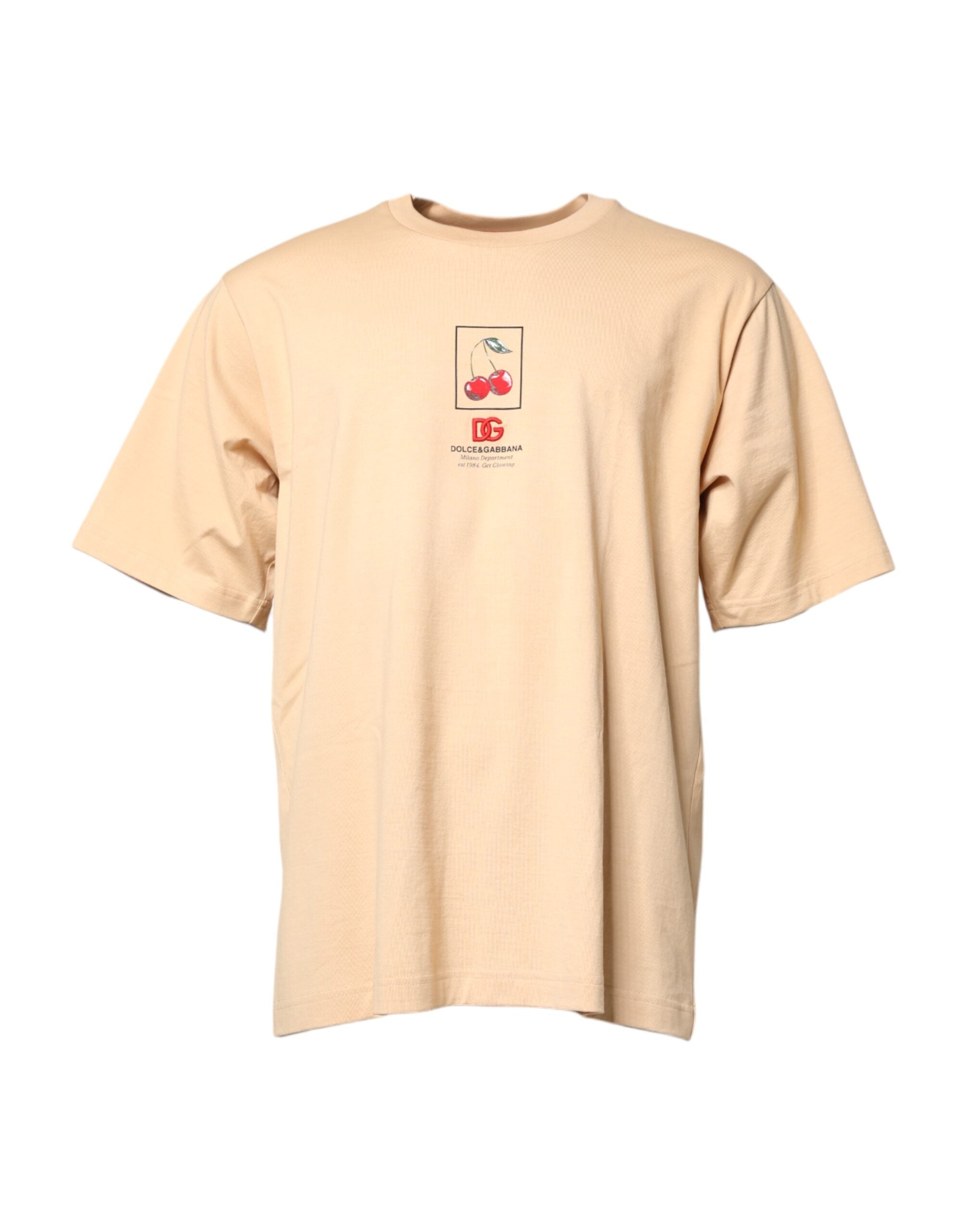 Beige Cotton Logo Print Crew Neck T-shirt - ventzia
