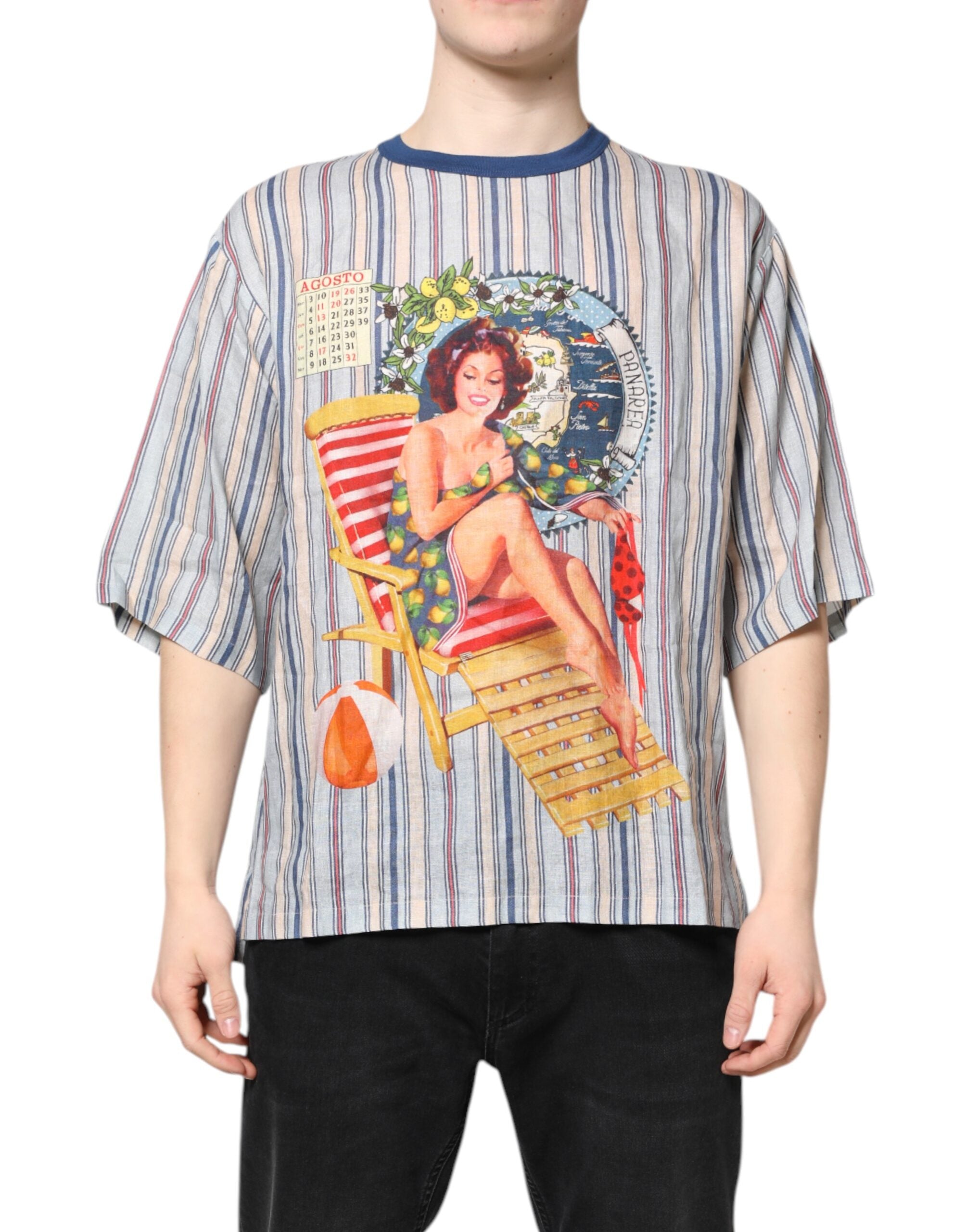 Multicolor Striped Pin Up Linen Round Neck T-shirt - ventzia