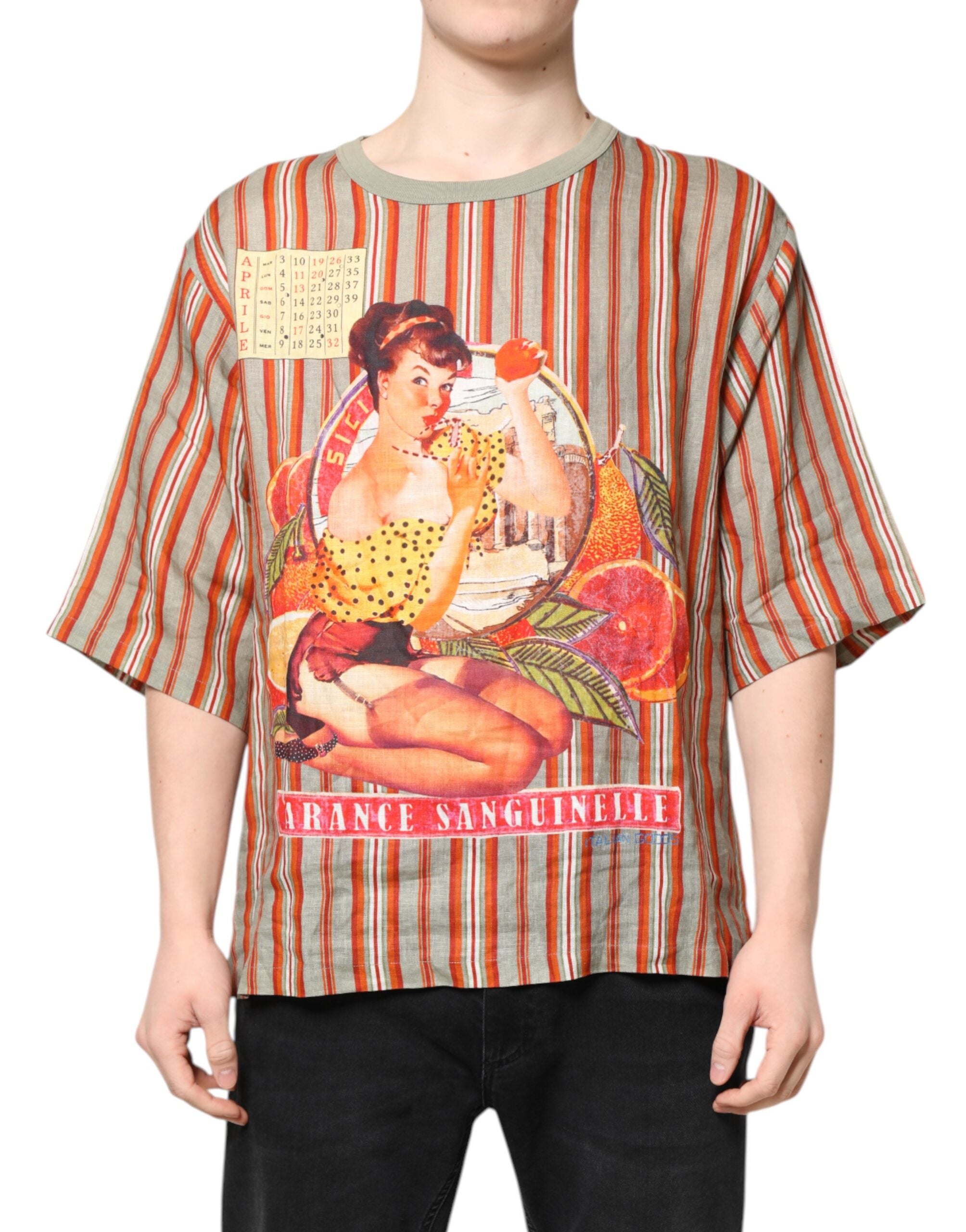 Multicolor Striped Graphic Linen Round Neck T-shirt - ventzia