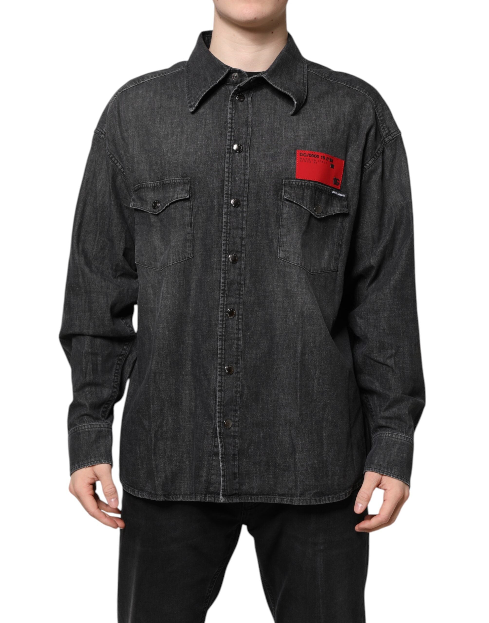 Gray Long Sleeves Button Down Denim Shirt - ventzia