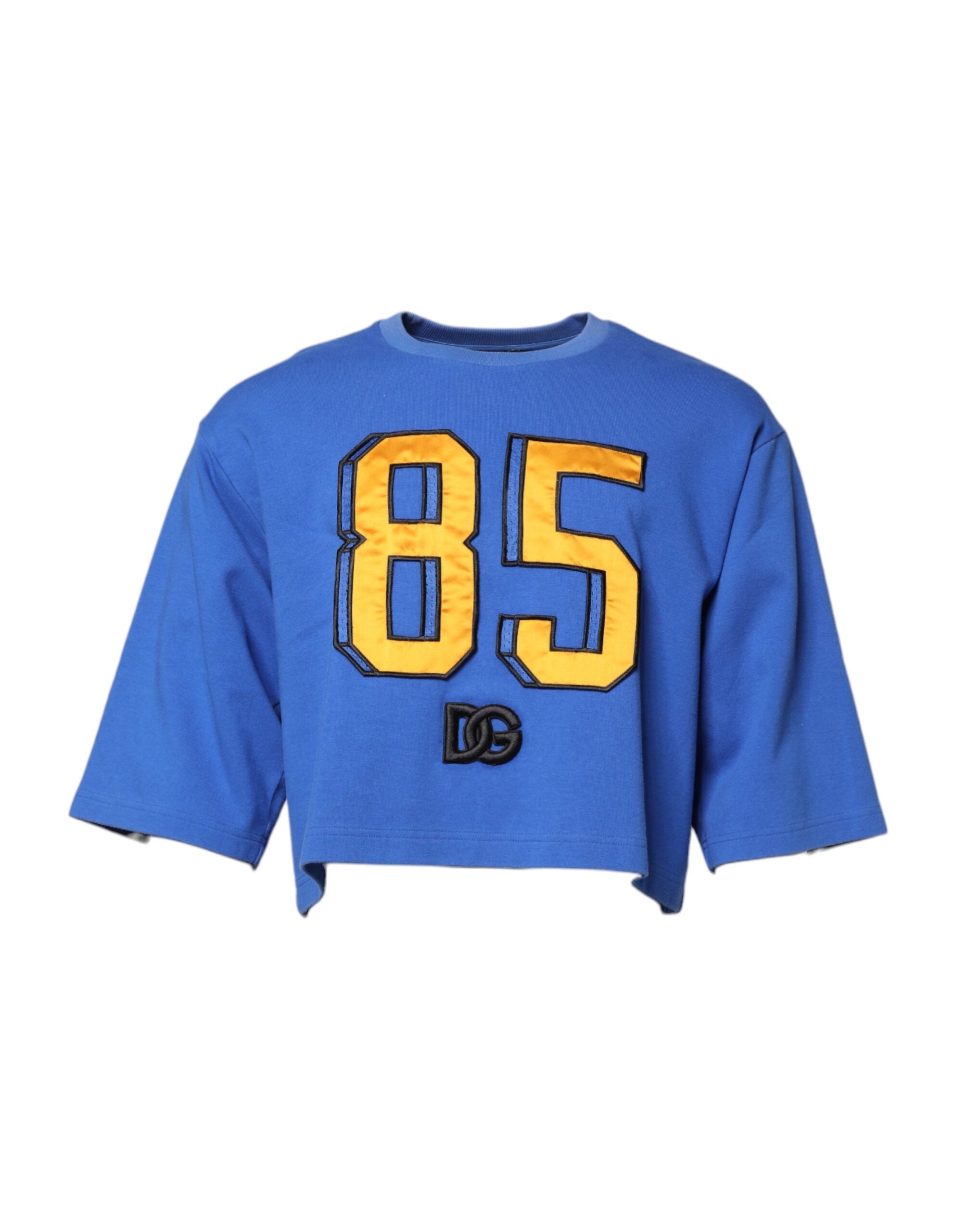 Blue Printed Cotton Cropped Crew Neck T-shirt - ventzia