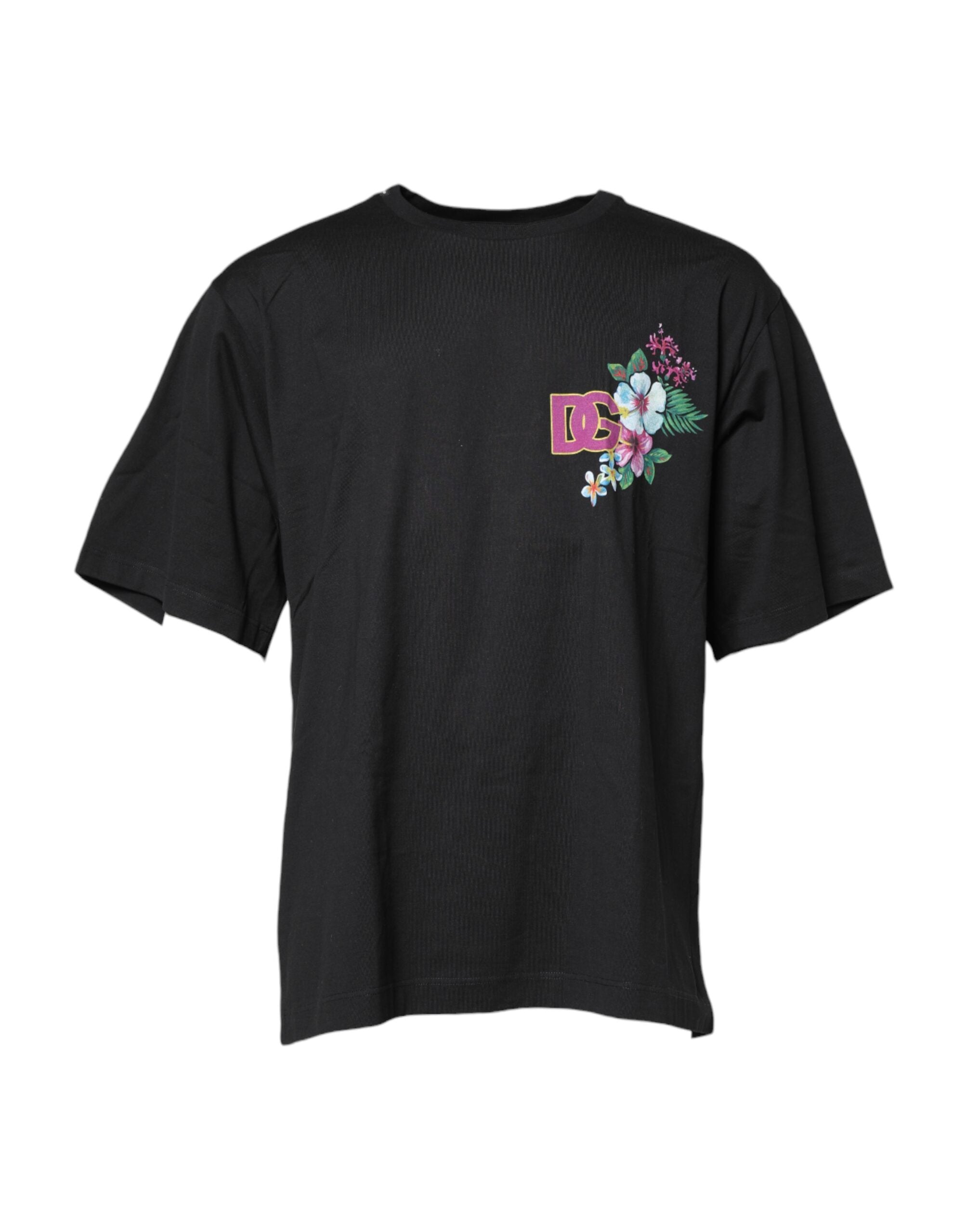 Black DG Floral Print Crew Neck T-shirt - ventzia