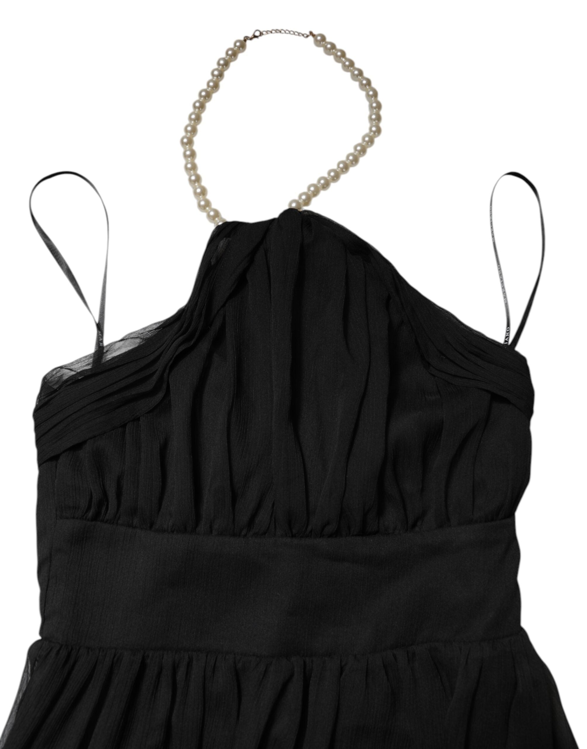 Black Tulle Pearl Sleeveless Long Gown Dress - ventzia