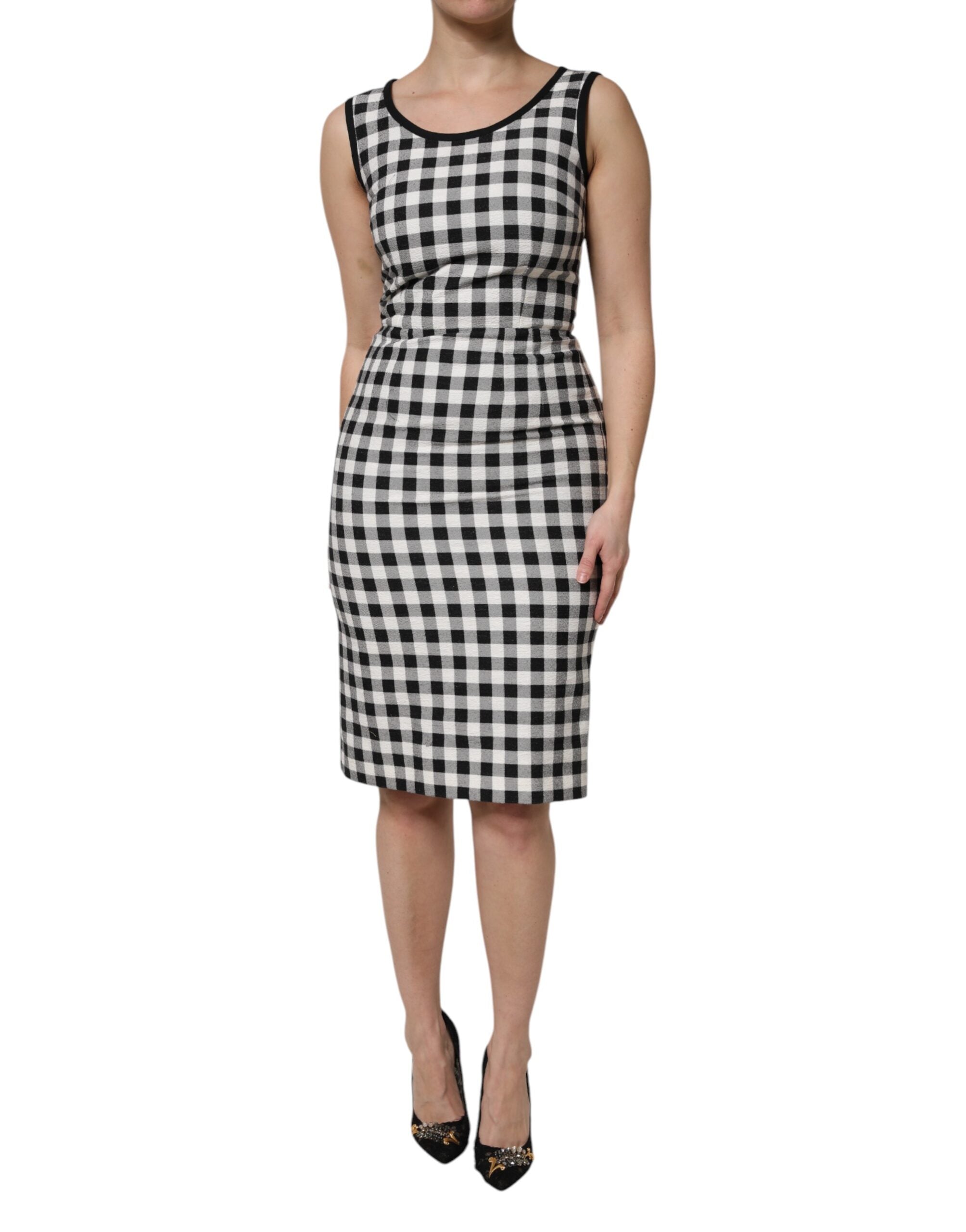 White Black Checkered Sleeveless Sheath Dress - ventzia