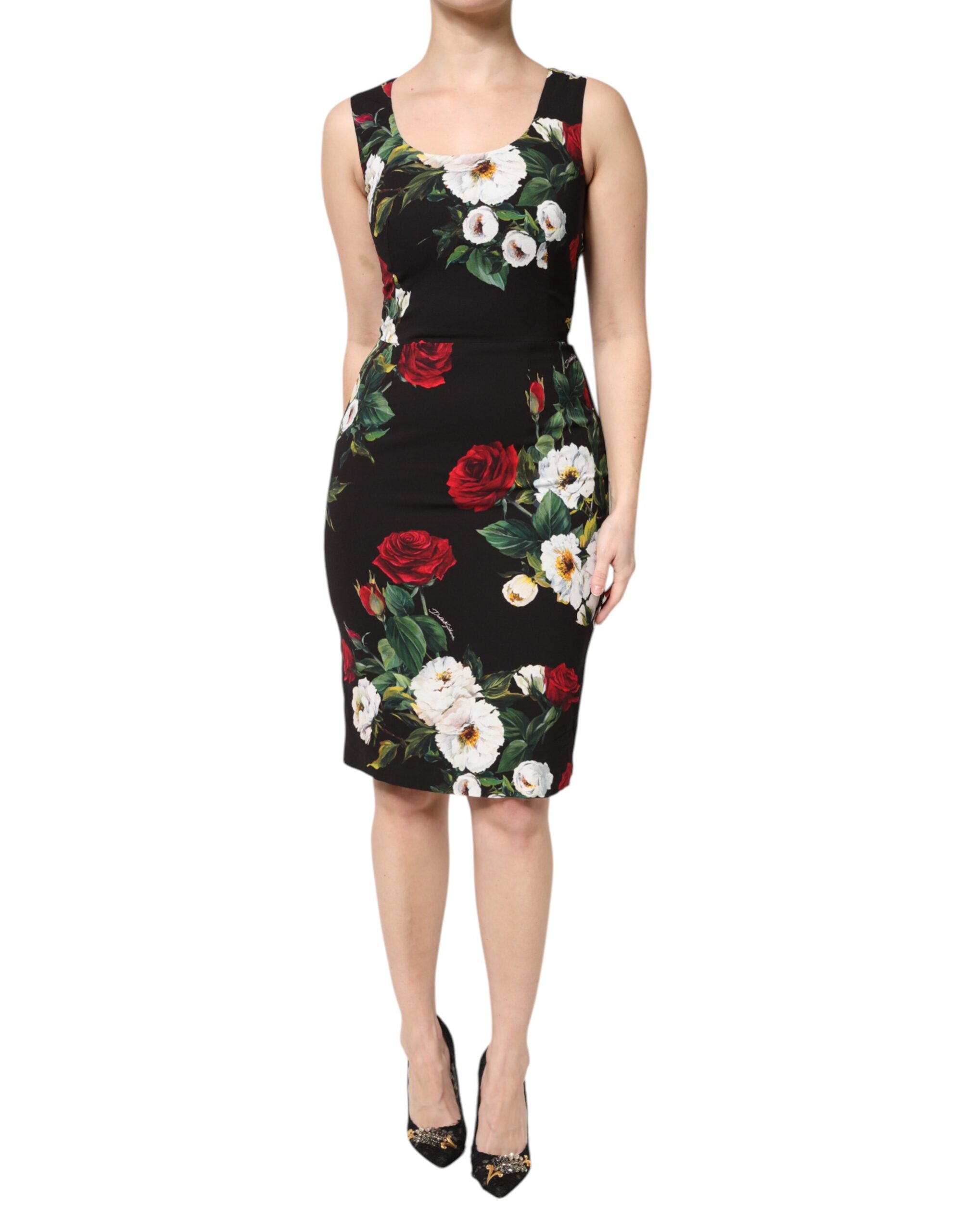 Black Floral Print Sleeveless Sheath Dress - ventzia