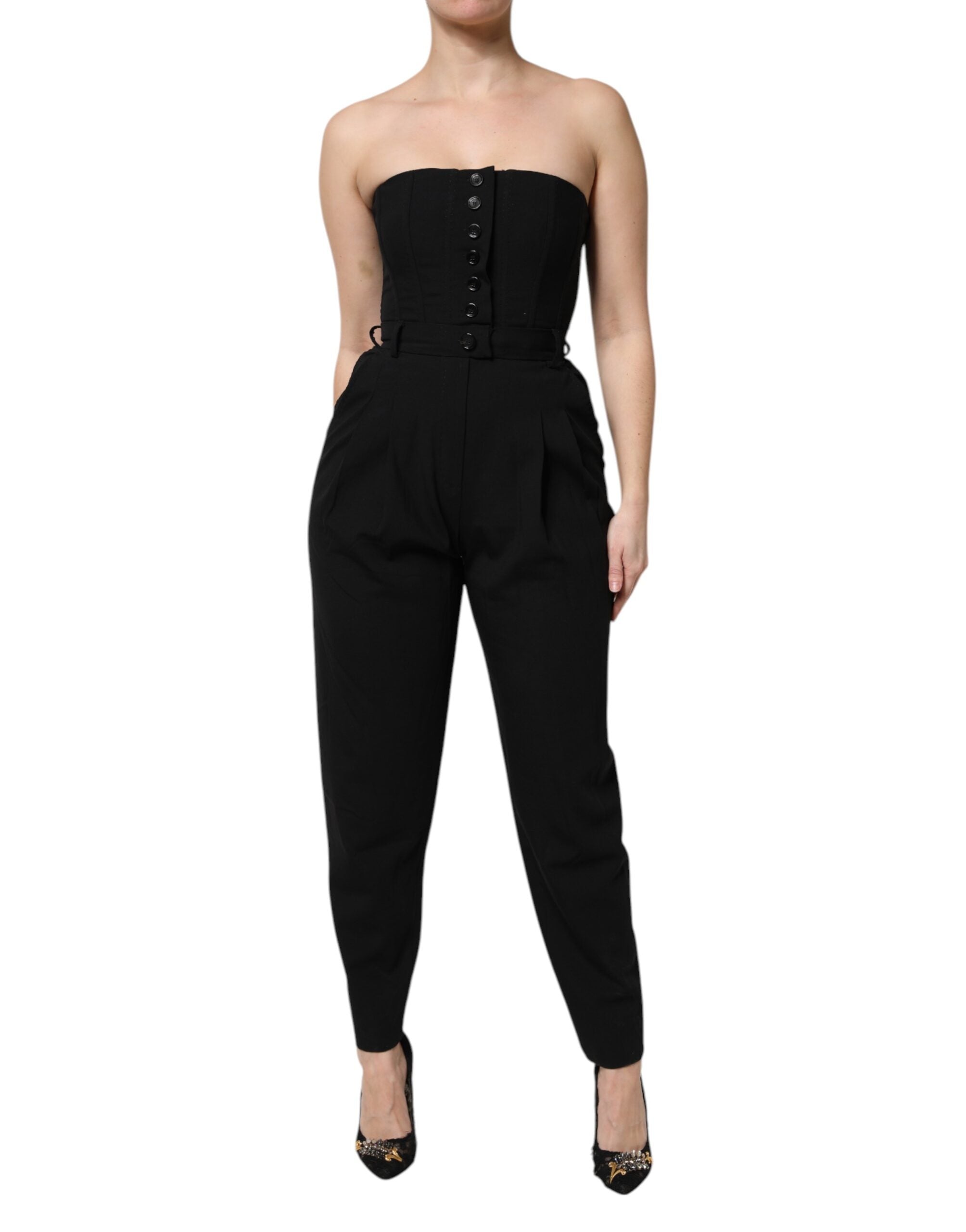 Black Wool Strapless Romper Jumpsuit Dress - ventzia