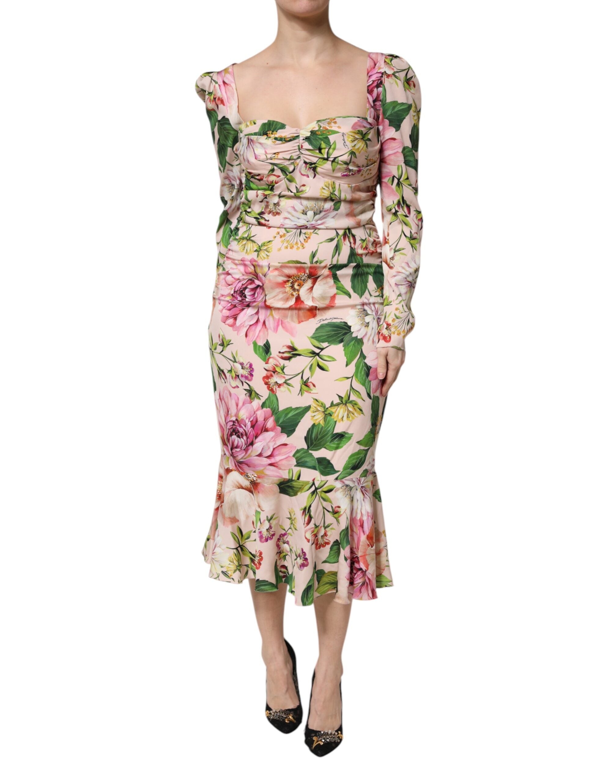 Pink Floral Silk Fit And Flared Midi Dress - ventzia