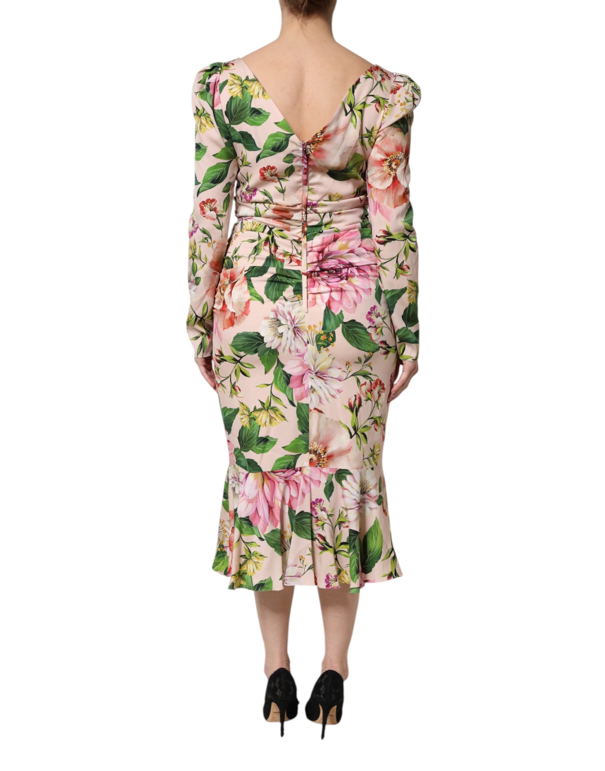 Pink Floral Silk Fit And Flared Midi Dress - ventzia