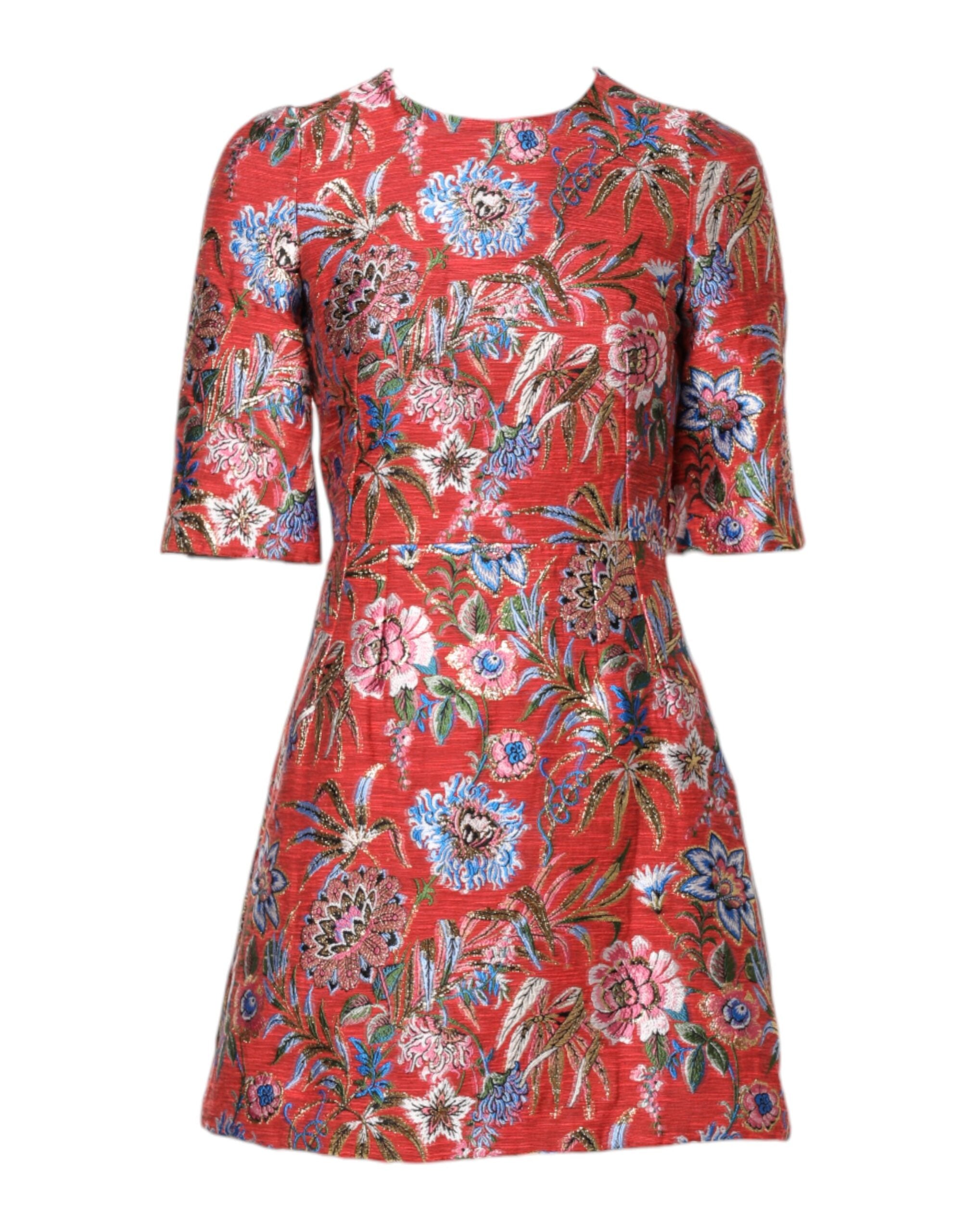 Red Floral Jacquard A-line Mini Dress - ventzia