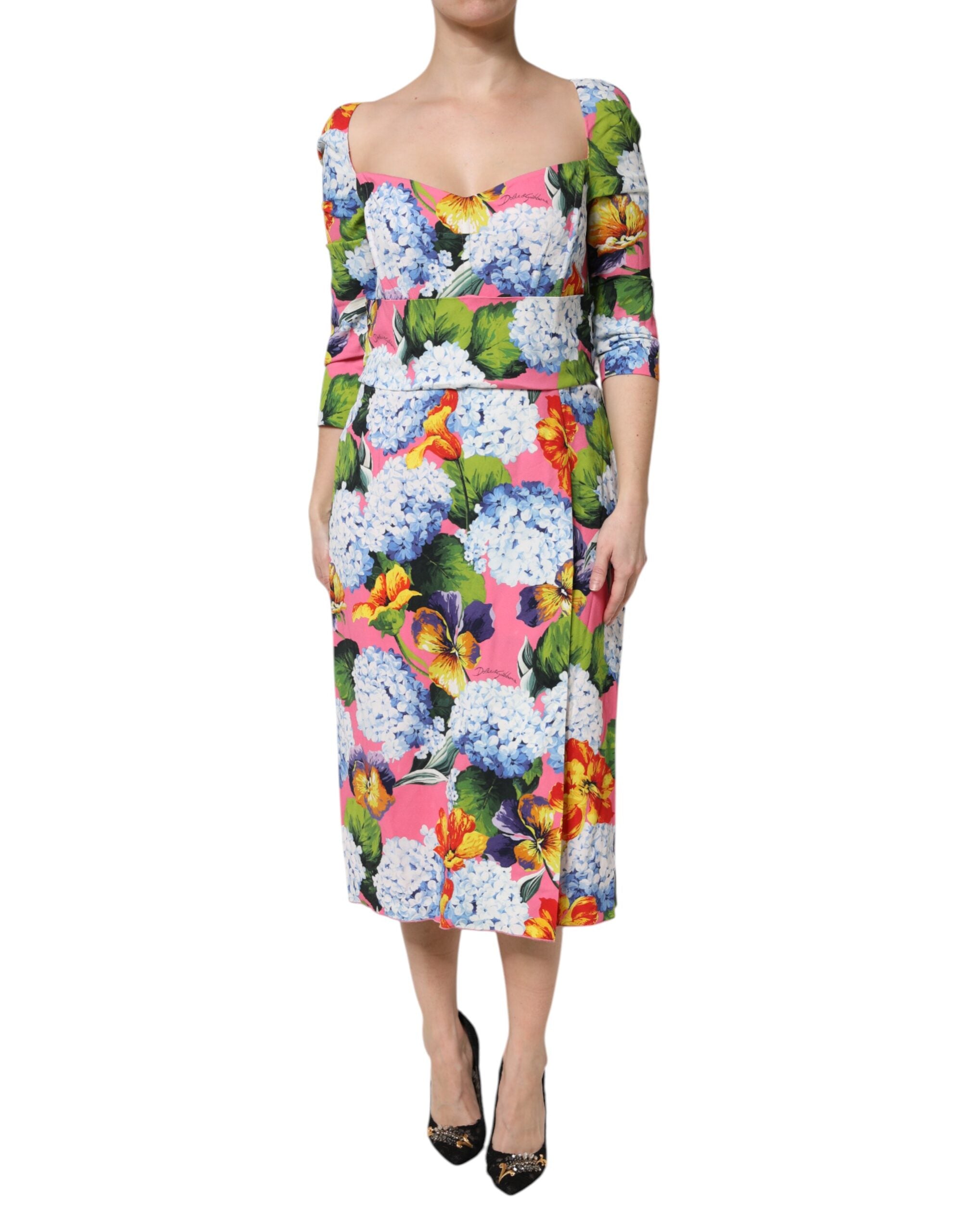 Multicolor Floral Pleated Sheath Midi  Dress - ventzia