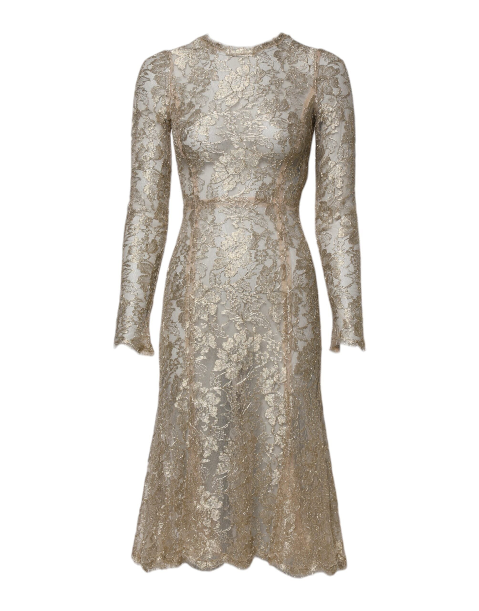 Gold Floral Lace Long Sleeves Fit & Flare Dress - ventzia