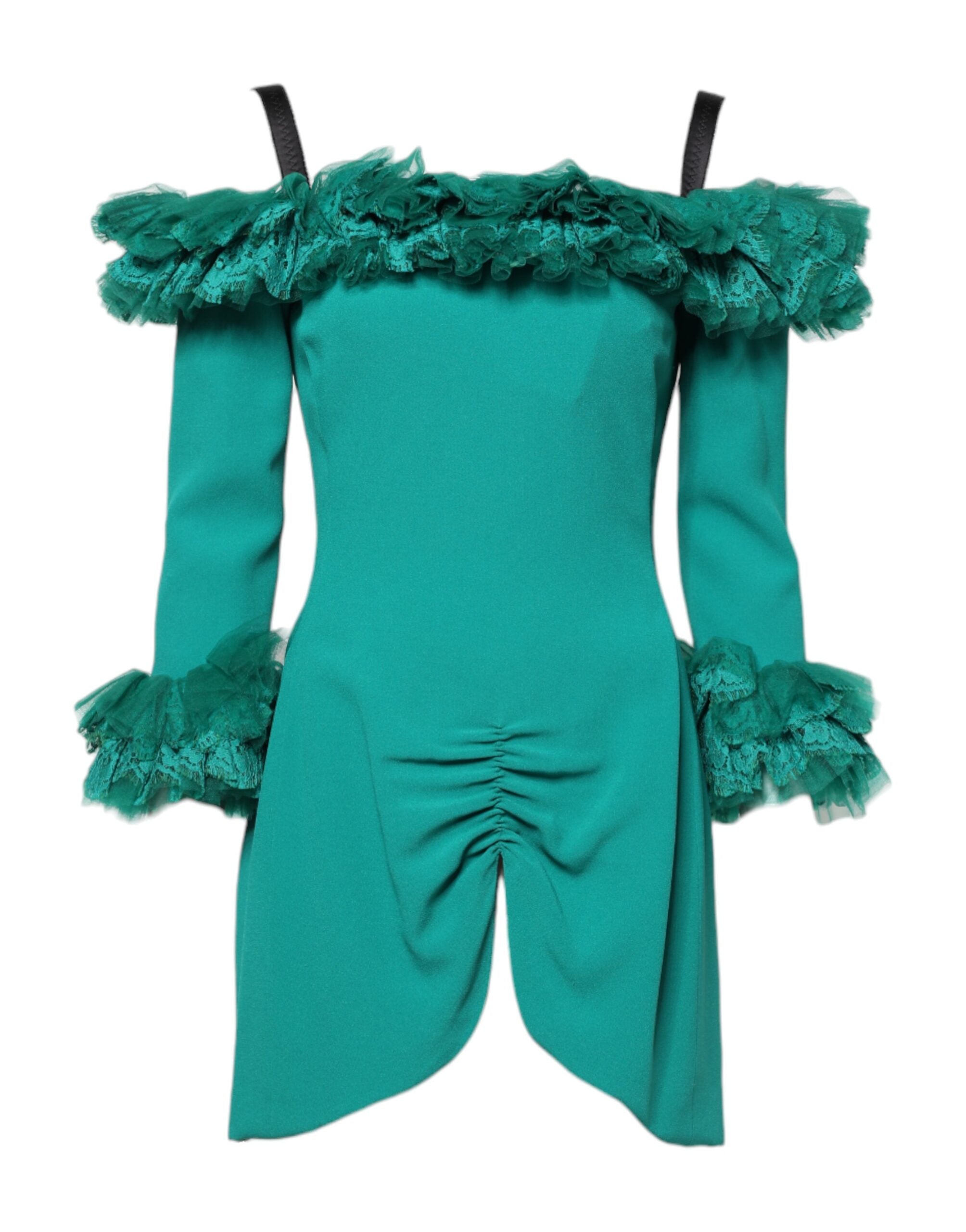 Green Lace Off Shoulder Sheath Mini Dress - ventzia