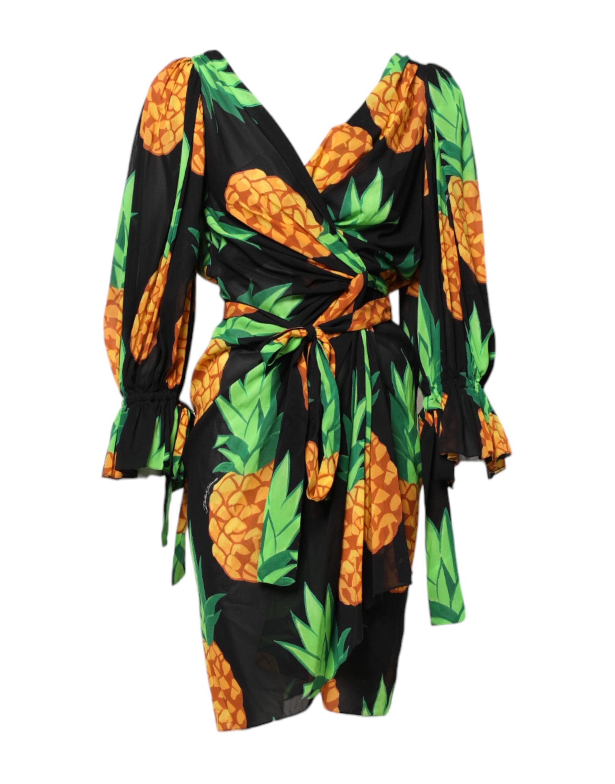 Black Pineapple Print Silk Wrap Mini Dress - ventzia