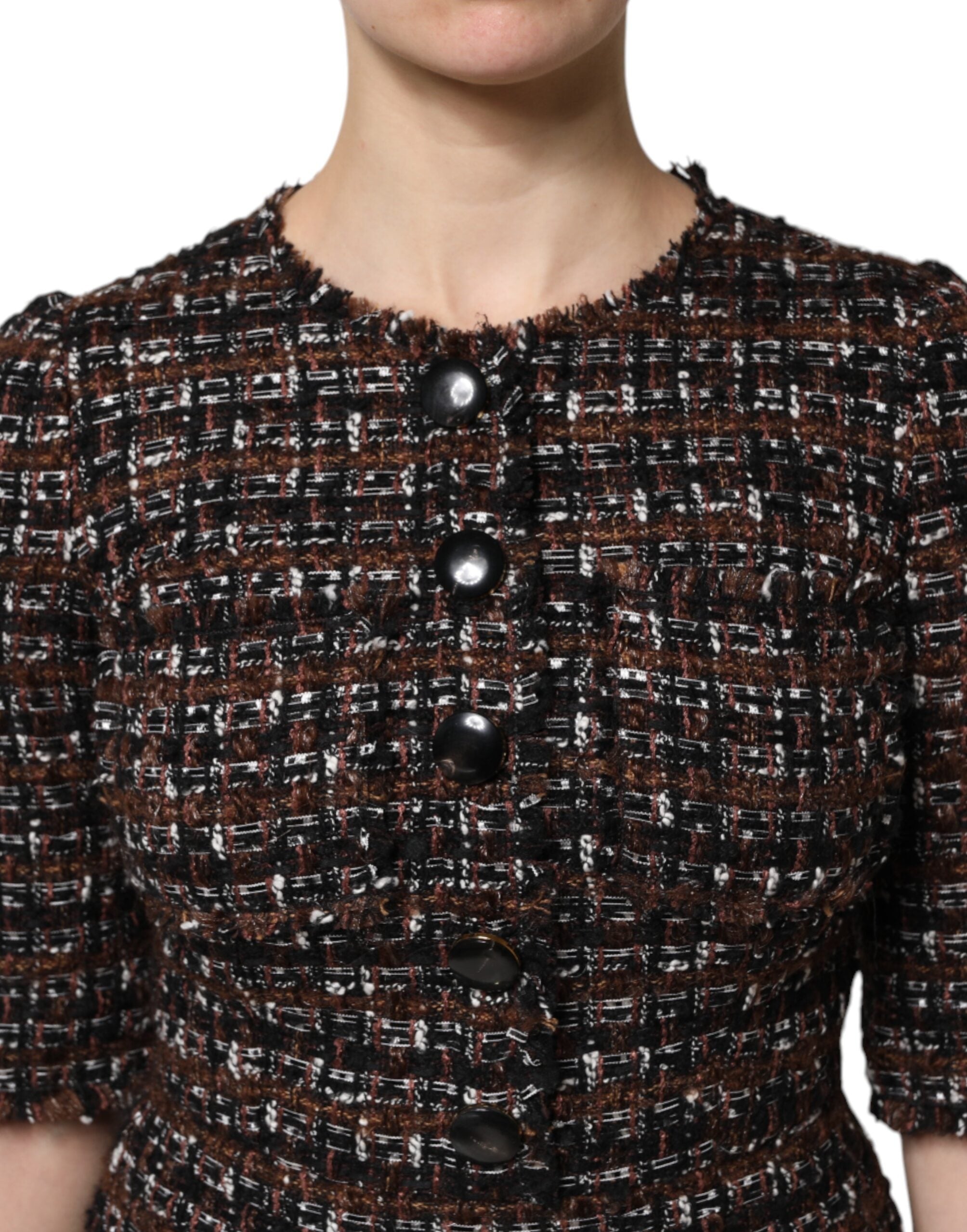 Brown Tweed Short Sleeves A-line Mini Dress - ventzia