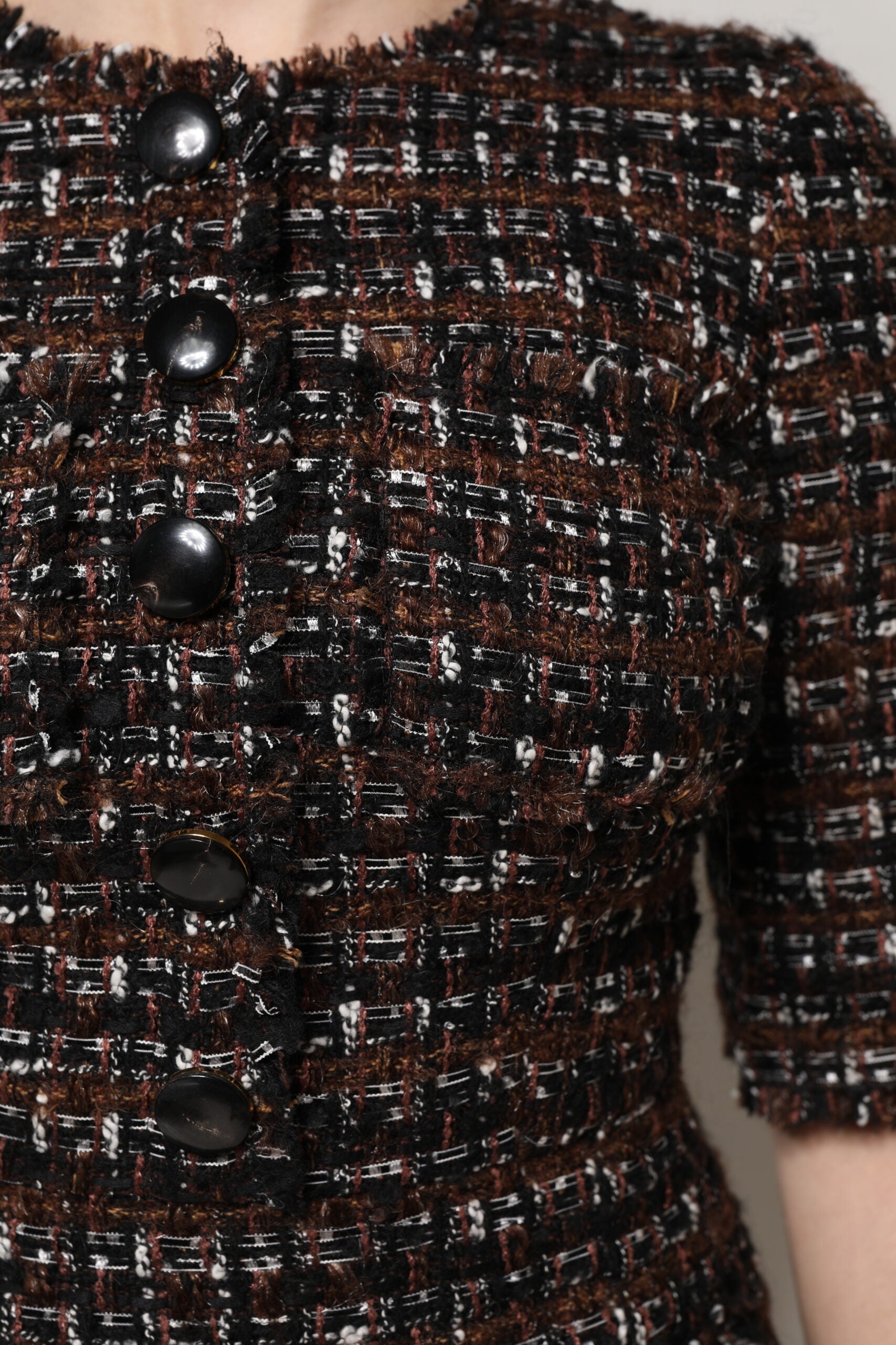 Brown Tweed Short Sleeves A-line Mini Dress - ventzia