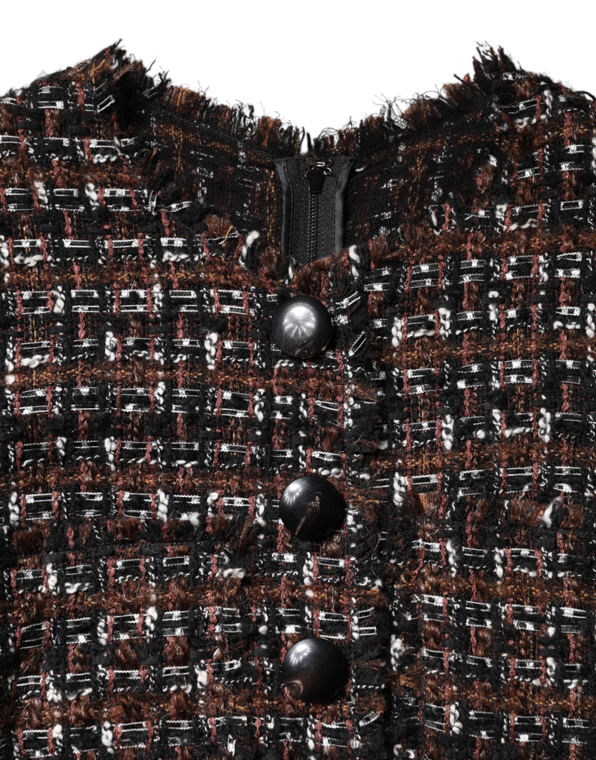 Brown Tweed Short Sleeves A-line Mini Dress - ventzia